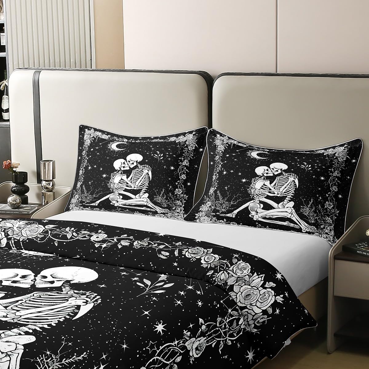 Homewish Sugar Skull King Size Zestawy Pościeli Czarny Goth Szkielet Bawełniana Poszwa Na Kołdrę Boho Kwiatowa Poszwa Na Kołdrę Gotycki Zestaw Łóżek