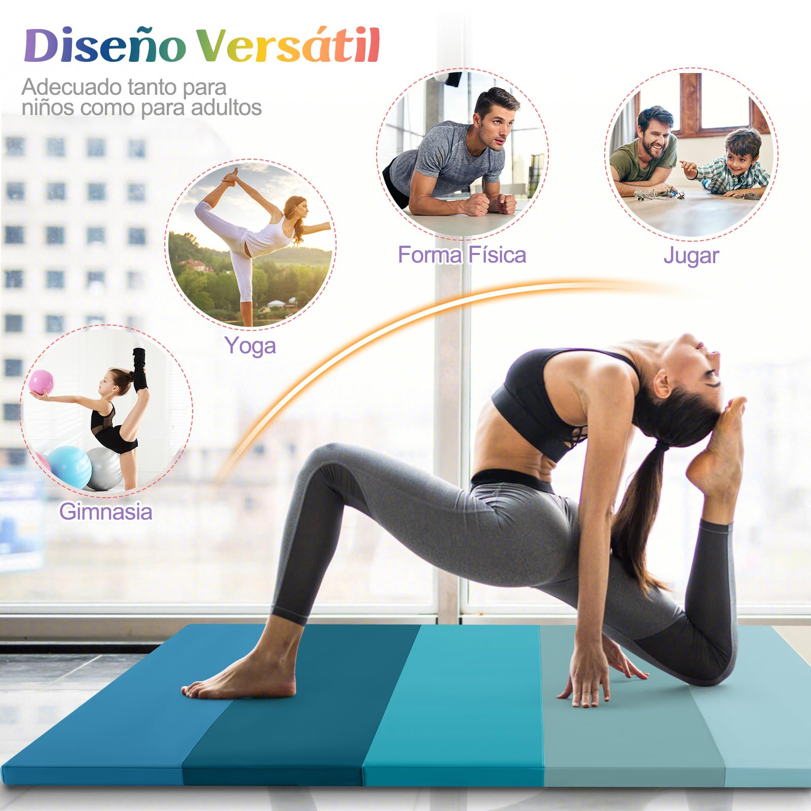 GYMAX 3-teilige Gymnastikmatte, 180x120 cm Turnmatte faltbar, Weichbodenmatte mit Klettverschlüssen & Griffen, Trainingsmatte für Yoga, Stretching & Gymnastik