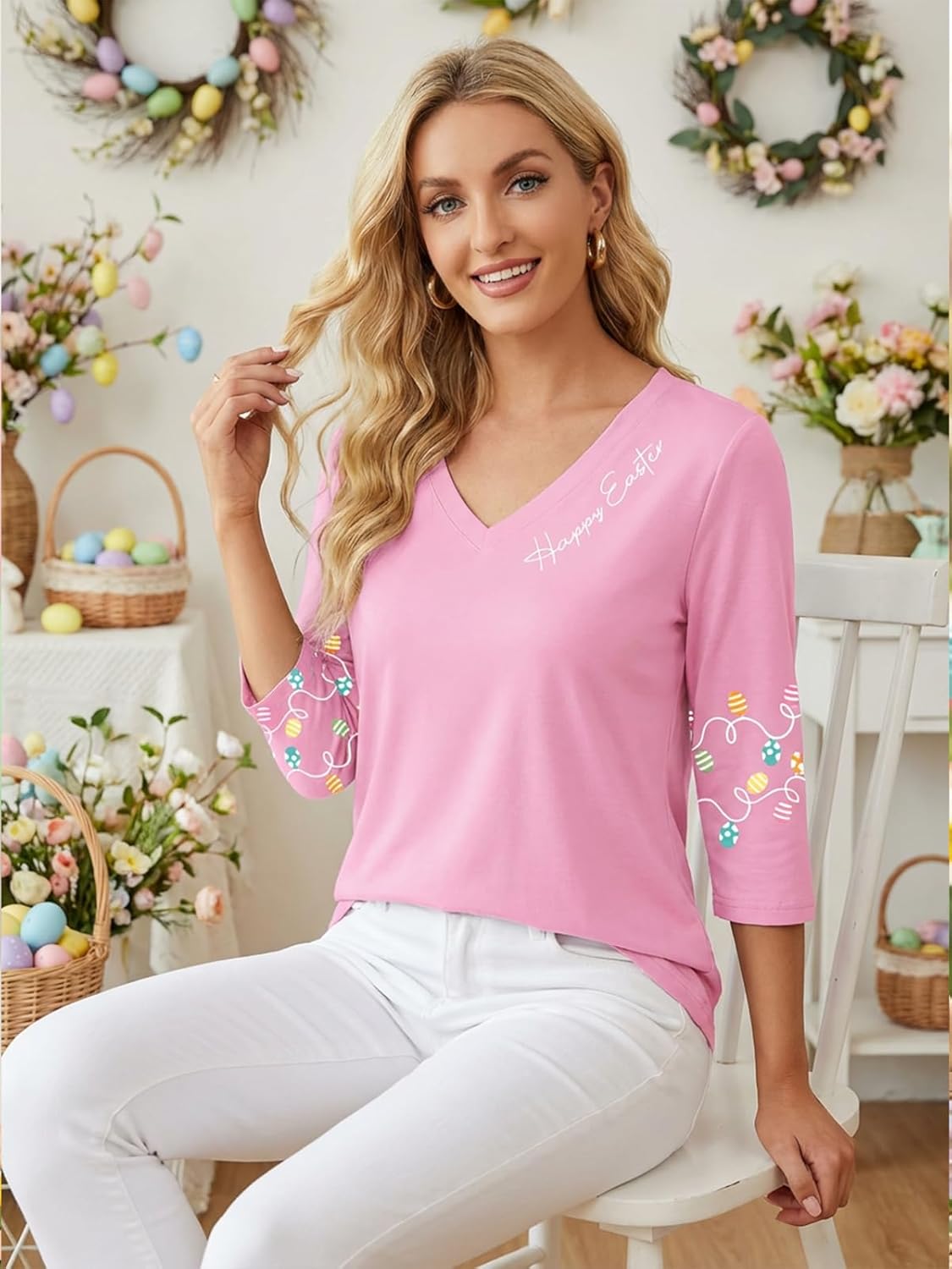 Easter Shirts for Women V Neck 3/4 Sleeve Happy Easter Day T-Shirts Bunny Peeps Eggs Graphic Top - Image 2