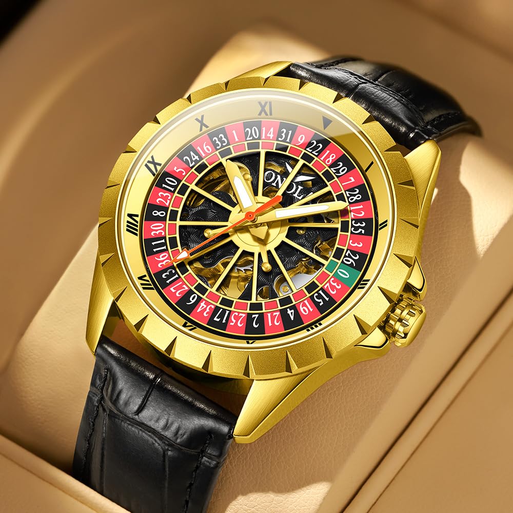 Orologio meccanico automatico da uomo con quadrante rotante oscillante e cinturino in vera pelle impermeabile di lusso