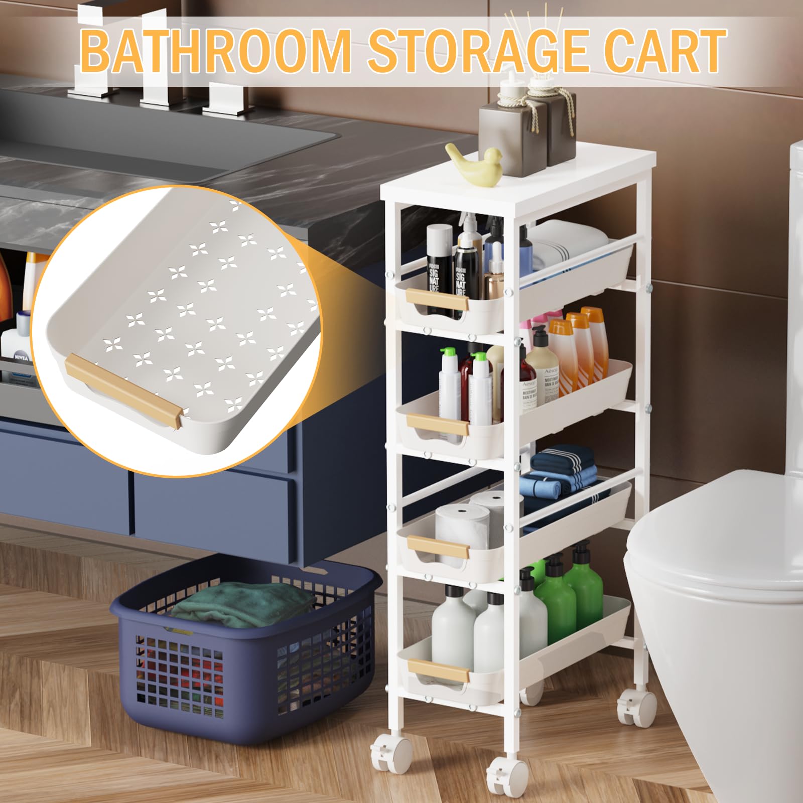 DROMEZ ROMEZ Carrello Cucina a 5 Ripiani, Carrellino Salvaspazio con 4 Cassetti, Bianco - Scaffale Stretto con Ruote, per Bagno Ufficio, L38 x B20 x H81 cm