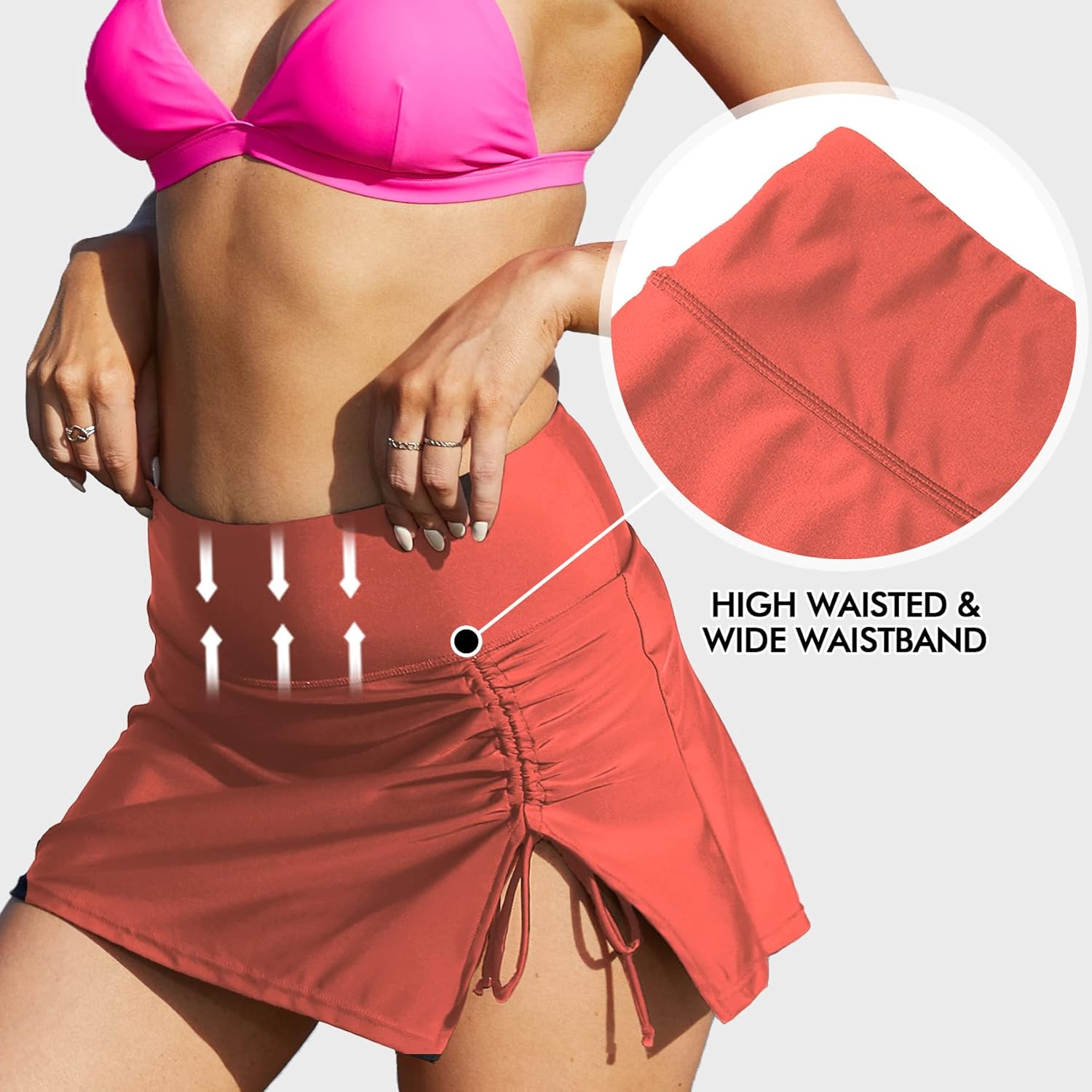 ALove Womens High Waisted Split Swim Skirt Sporty Drawstring Skirted Swim Bottom with Built-in Panty - Image 6
