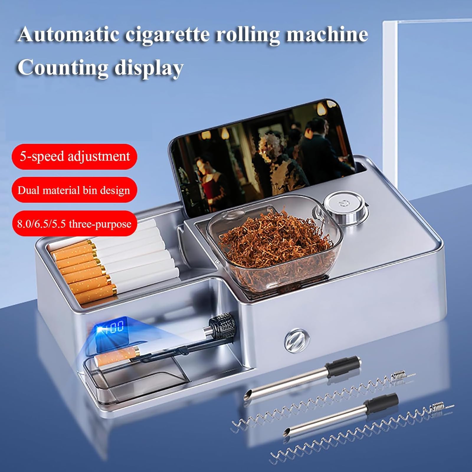 MObyat Macchina Elettrica per Sigarette, Riempitrice di Sigarette Completamente Automatica, con Display LCD, Design a Doppio Scomparto, Regolazione della Tenuta a 3 Livelli, Regolazione a 5 velocità