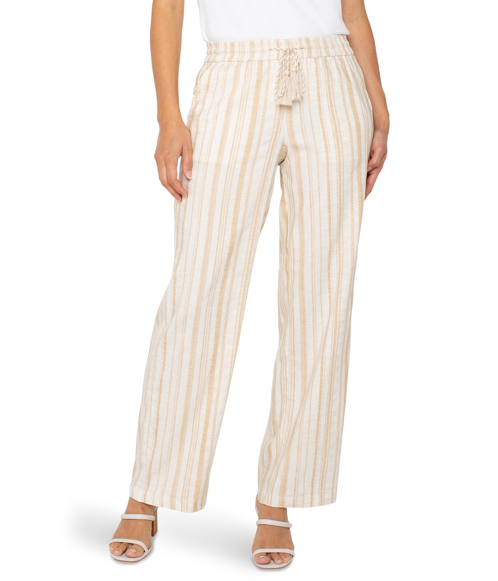 Liverpool Los Angeles Womens Pull-On Drawstring Waist Band Wide Leg Hazelnut Cream Stripe