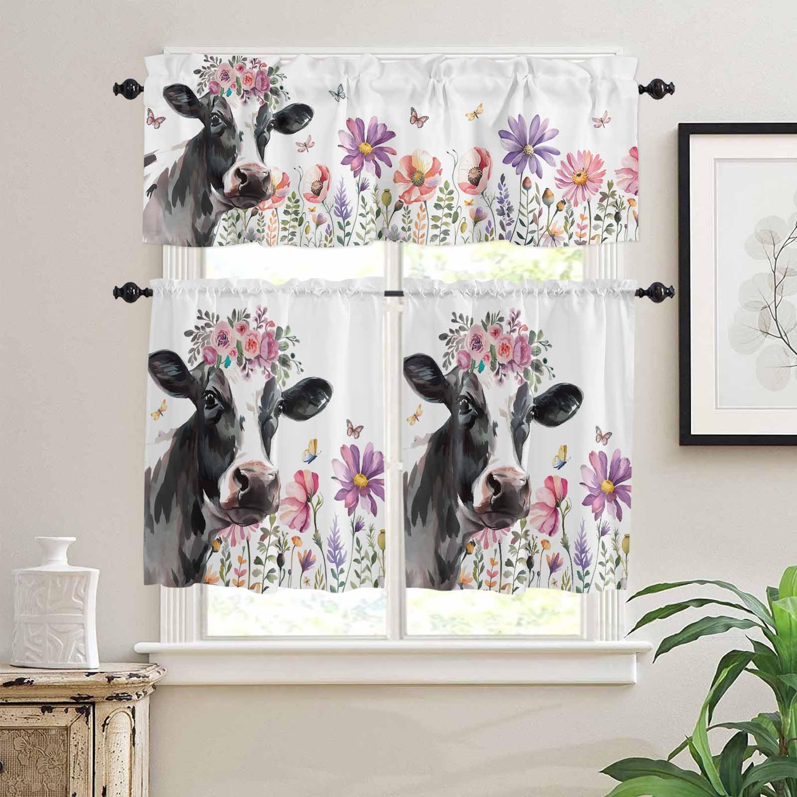 Cow Flower Kitchen Curtains 36 Inch Length,3 Piece Rod Pocket Small Half Tiers and Valance Set,Farmhouse Cattle Botanical Butterfly Floral Small Large Window Treatment Decor for Bedroom/Bathroom Sink