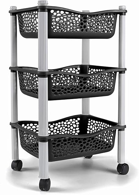 Kitchen Storage Trolley on Wheels, Sturdy, Durable, Heavy Duty - Rolling Cart for Kitchen, Office, Bathroom & Room Decor, 3 Tier Trolley Cart, Black