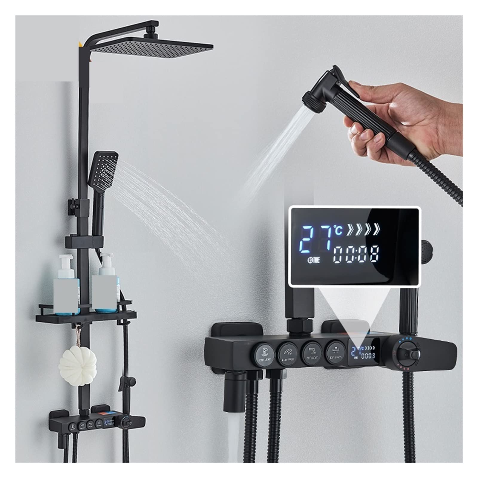 CVFRDD Black Themostatic Digital Display Shower Faucet Hydropower LCD Rainfall Shower System For Bathtub Bidet Faucet Bath Shower Tap(Black 4way HW)