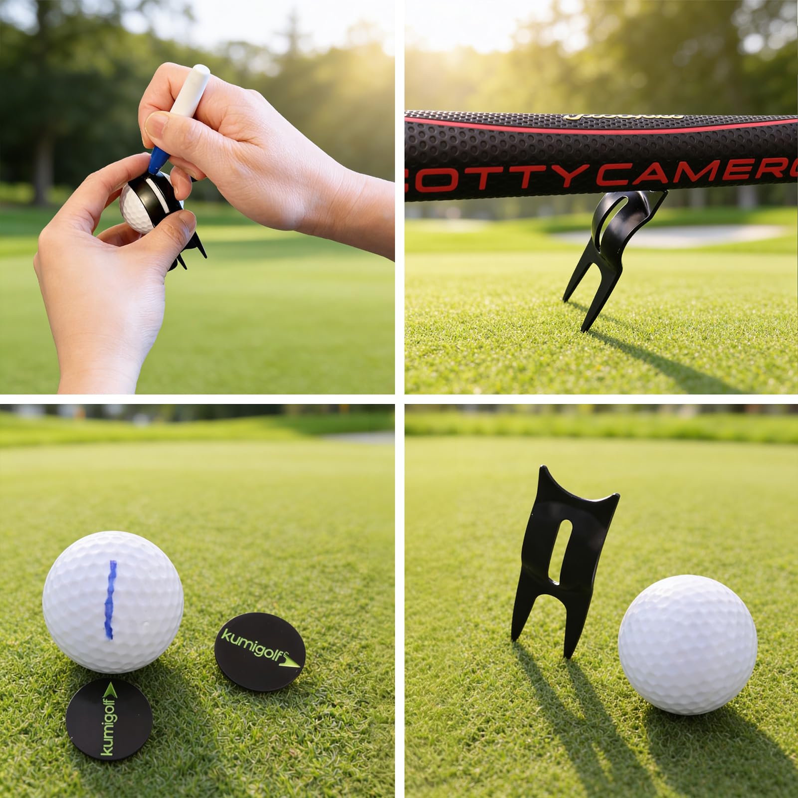 5-in-1 Golf Multitool Karte - Premium Golf Scorezähler für 4 Spieler, Golfschlag Zähler, Pitchgabel mit Ausrichtungshilfe, Magnetische Ballmarker, Griffauflage, Golf Zubehör Geschenk