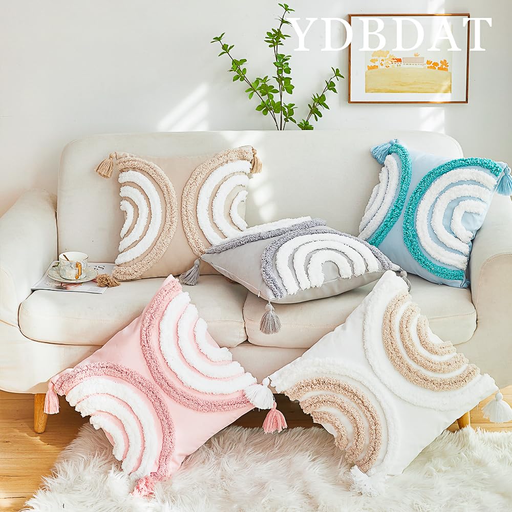 Set di 2 federe per cuscini con motivo arcobaleno, 45 x 45 cm, morbide, decorative, trapuntate, con nappe, per letto, divano, fattoria, soggiorno, Halloween, argento