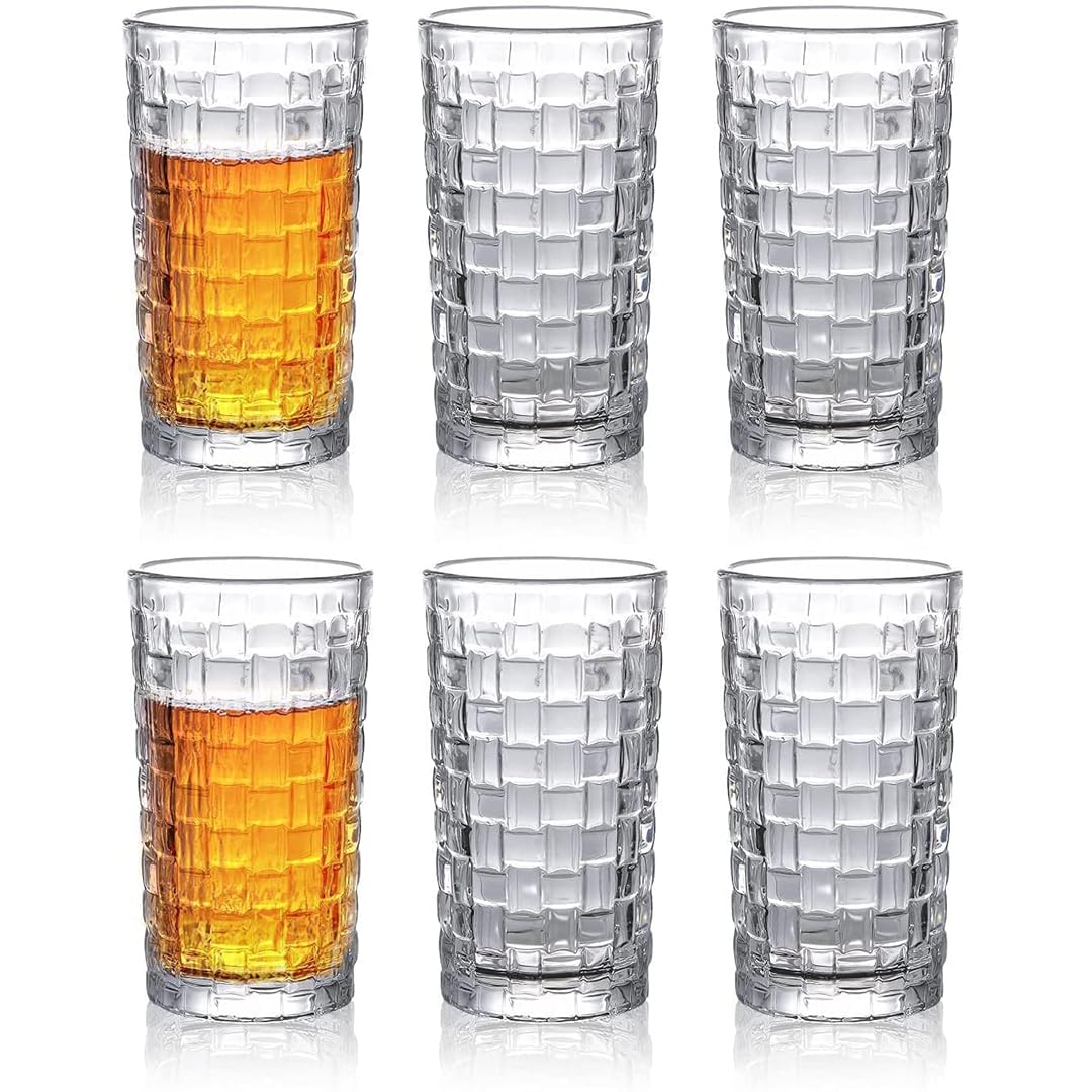 renovon 400ml,kabartma Dokuma Desenli 62'lı SetUzun Cam Bardak,Sıcak ve Soğuk Kokteyller,Buzlu İçececekler için Kibar Şık Ergonomik Tasarım Borosilikat Cam