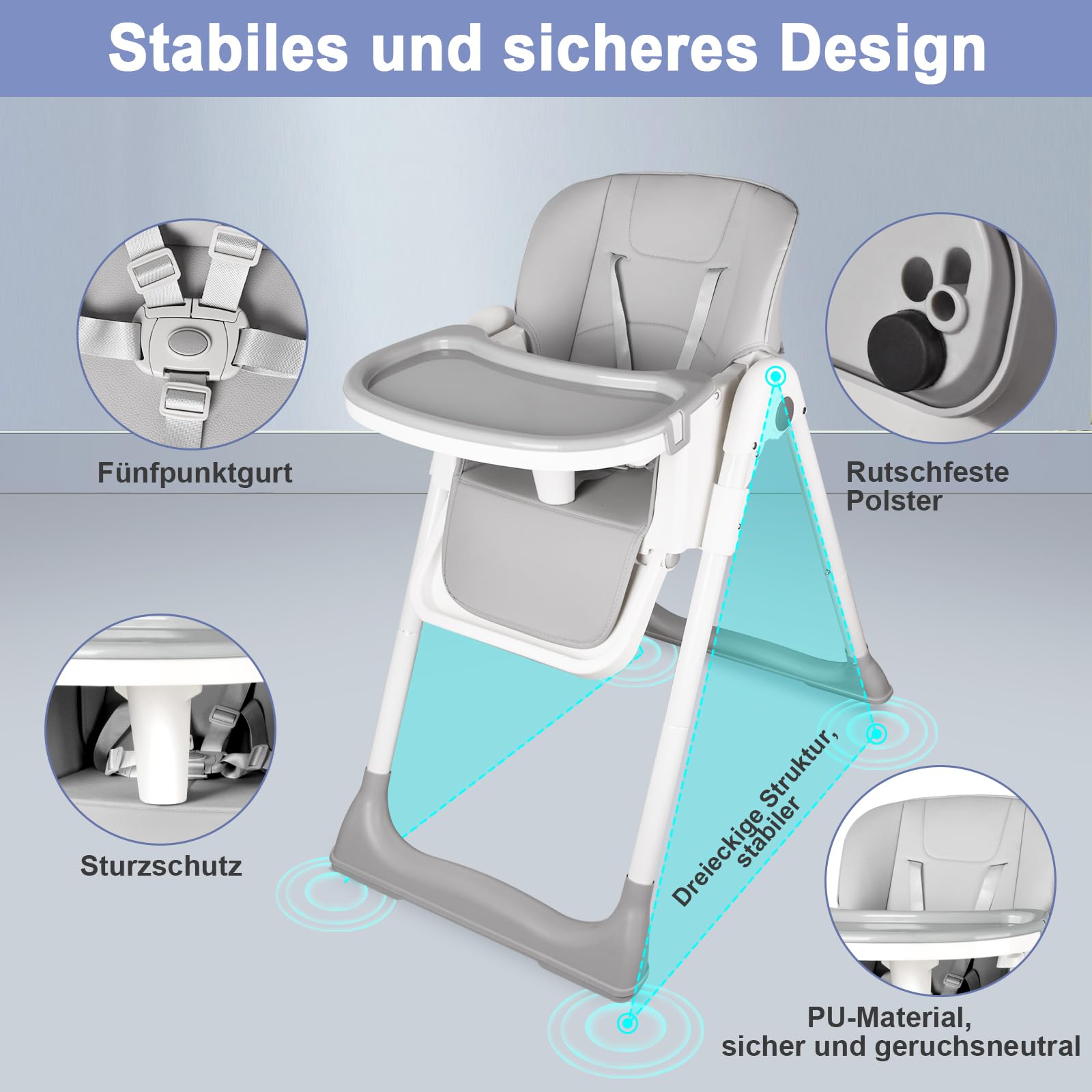 Hochstuhl Baby, Kinderhochstuhl mit Babyliege, Verstellbar Klappbar Hochstuhl Baby mit Essbrett,Korb, mitwachsend ab 6–36 Monate Jahre Babystuhl,Grau