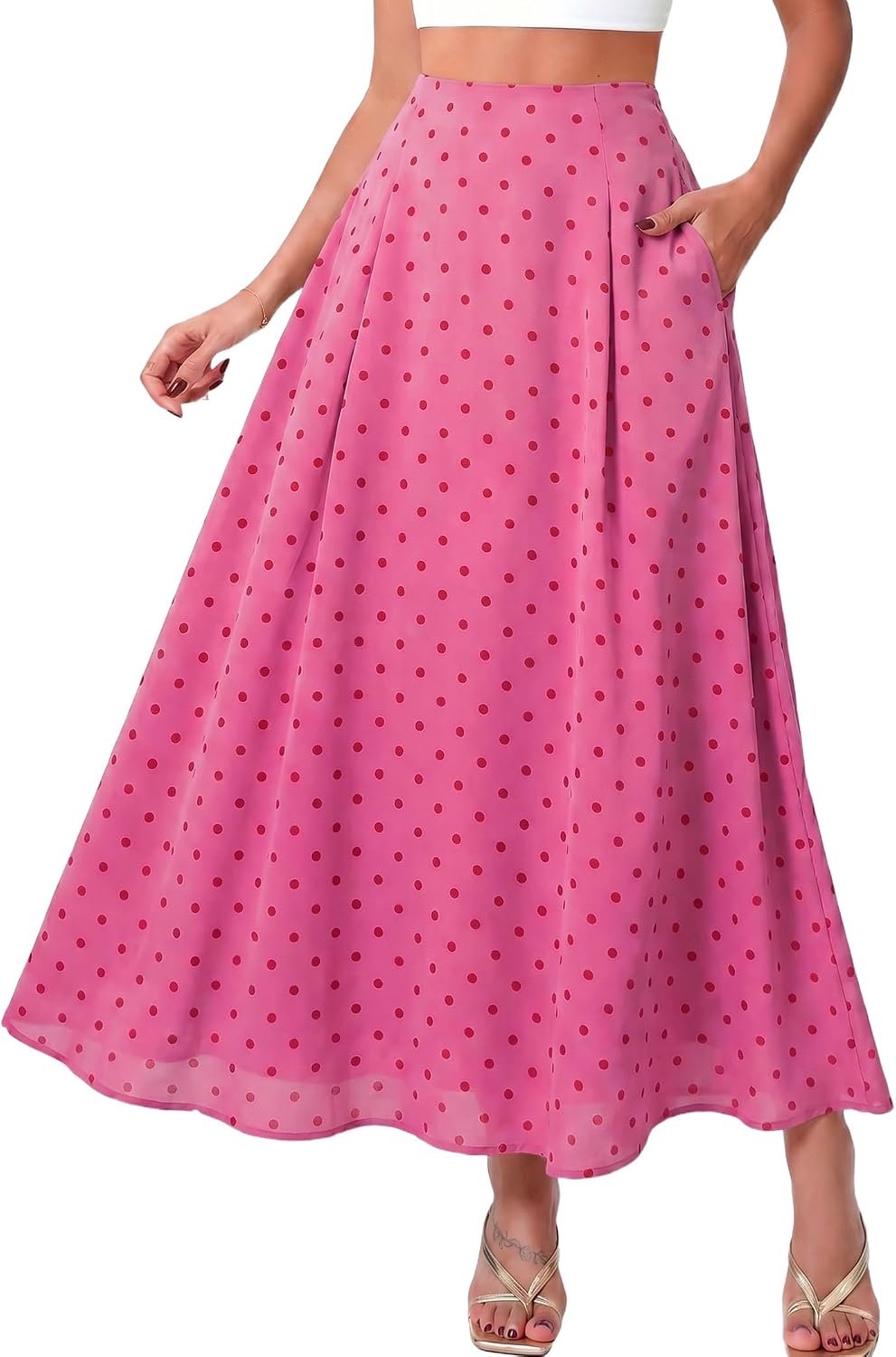 DERAX Women's Polka Dot Flowy Maxi Skirt A-Line High Waisted Vintage Retro Elegant 2026 Spring Summer Long Skirt with Pockets