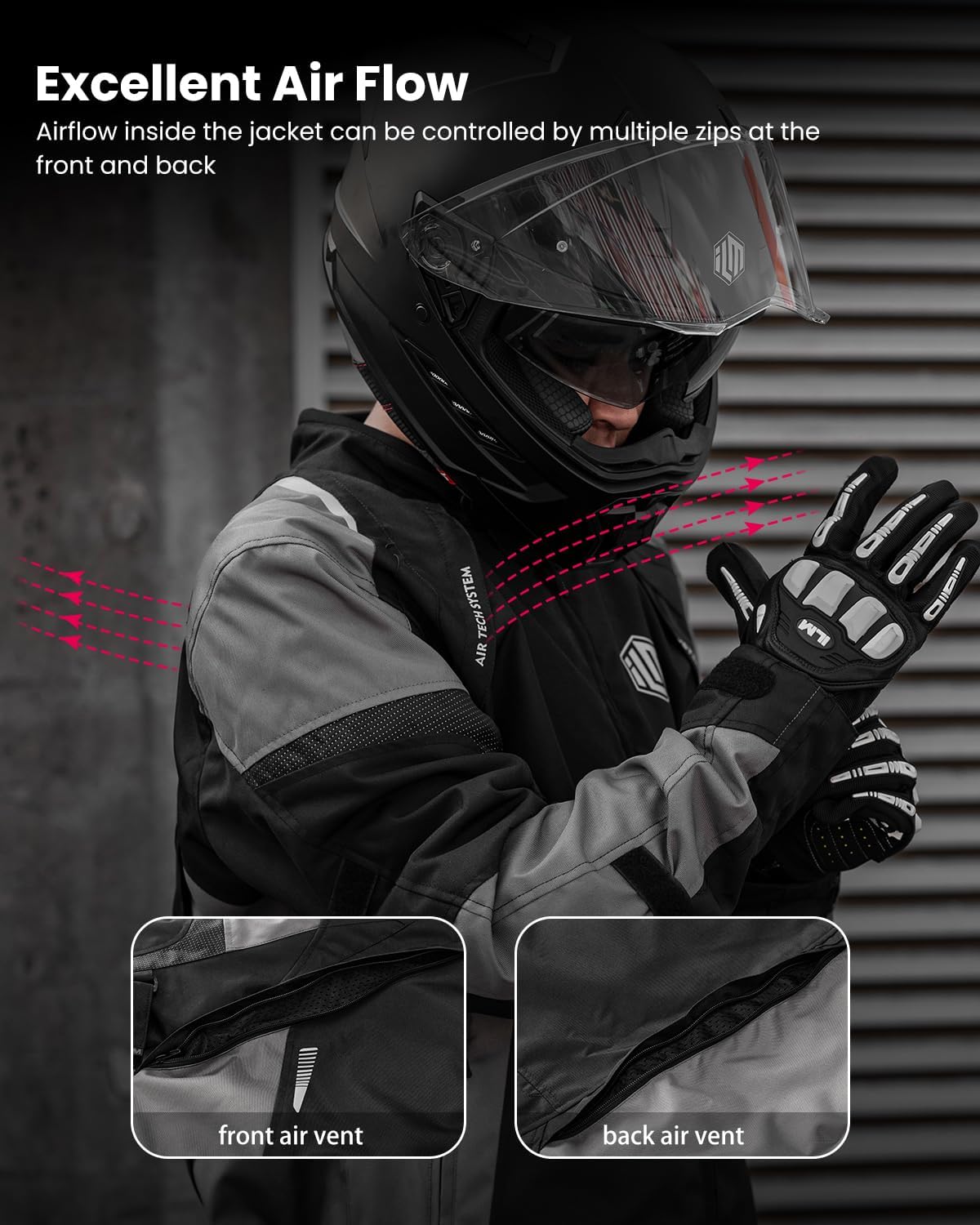 ILM Men’s Motorcycle Jacket with CE Armor and Detachable Thermal Liner All Season Waterproof Jacket Model JF1(Grey,L) - Image 4