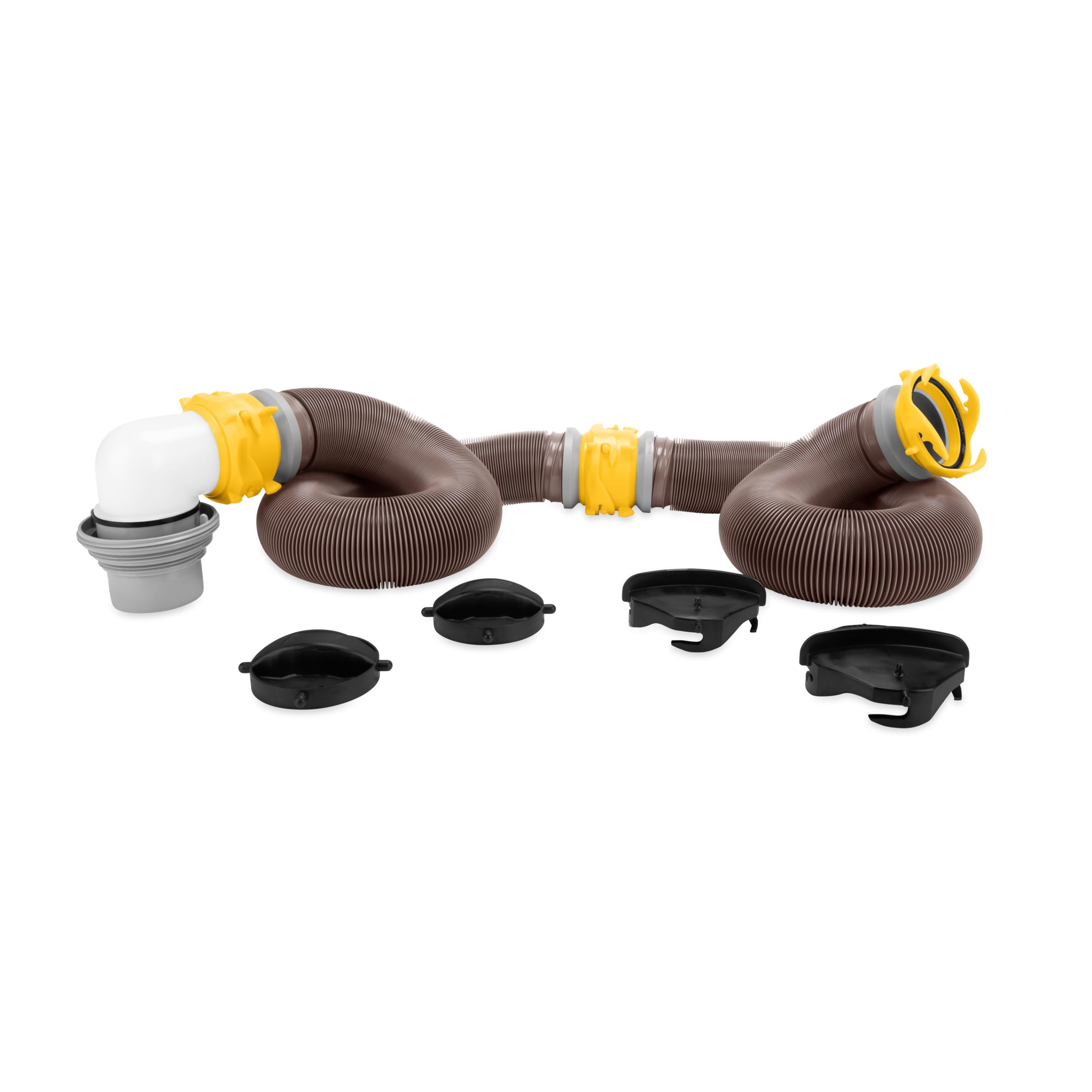 Camco 39634 Revolution 20' Sewer Hose Kit with 360 Degree Swivel Fittings and 4-in1 Elbow Adapter, Ready to Use Kit with Hose and Adapter (Frustration-Free Packaging)