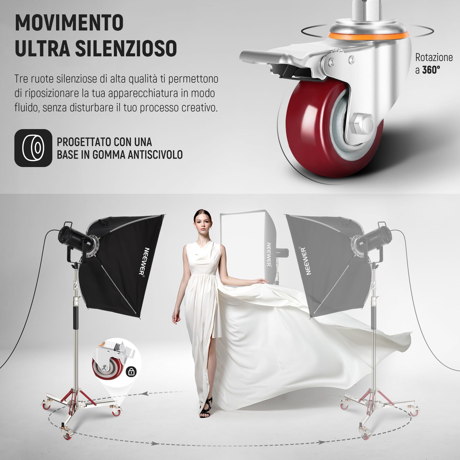 Neewer Supporto per luce ammortizzato ad aria con ruote, supporto regolabile per treppiede, in acciaio inox, supporto con ruote per flash da studio, softbox, riflettore monolight, SC305AW