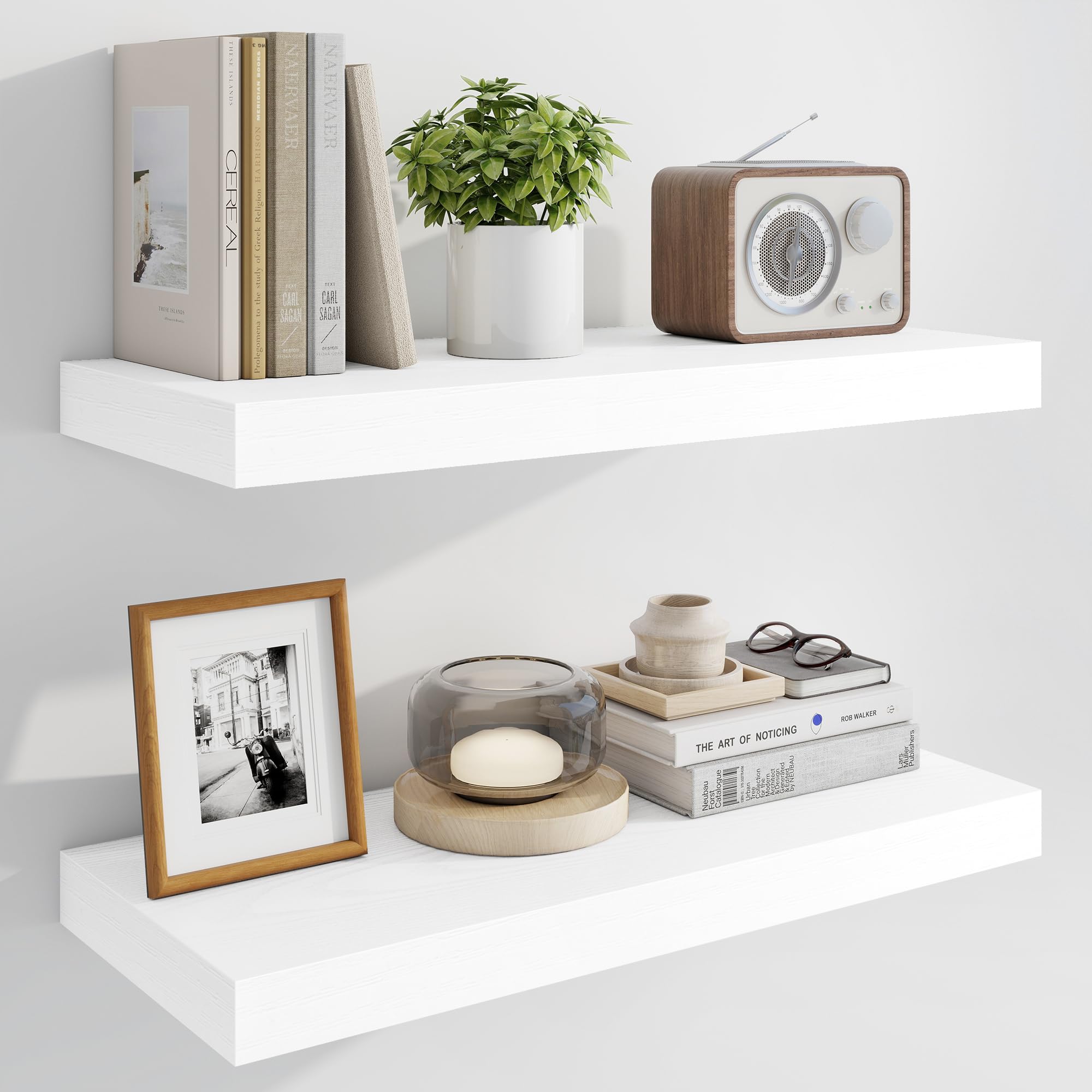 Marsmiles 60cm Floating Shelves for Wall, Wooden Shelves with Invisible Brackets Set of 2, Rustic Farmhouse Wall Mounted Shelf for Kitchen Bathroom Living Room Study, White