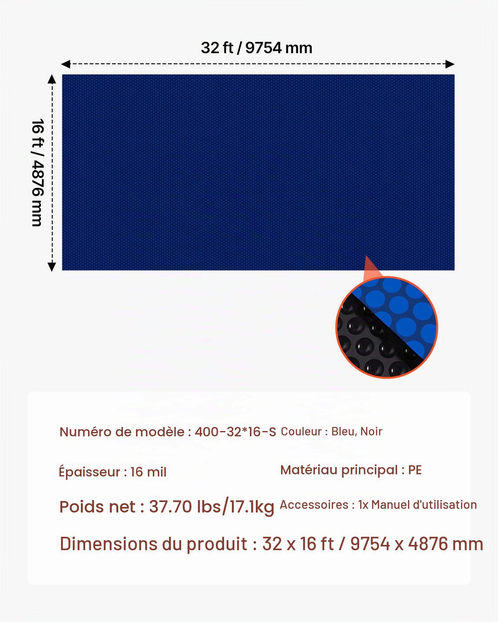 VEVOR Bâche Solaire Piscine Rectangulaire 9,75x4,88 m Couverture Solaire Piscine 0,4 mm Bâche à Bulles Polyéthylène pour Piscines Hors Sol Creusées, Absorption Chaleur Jour et Rétention Chaleur Nuit