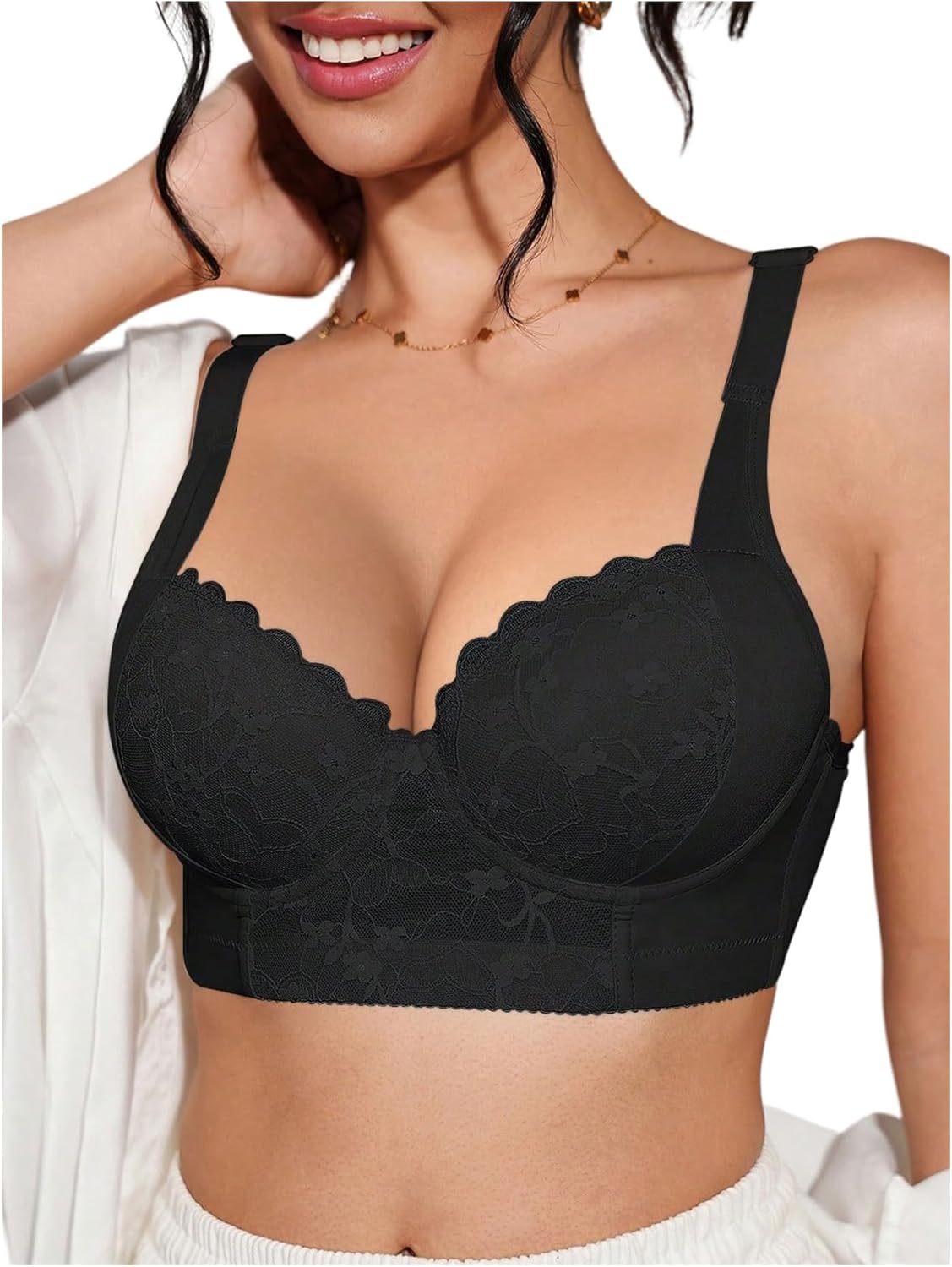 OYOANGLE Women's Floral Lace Underwire Plunge Bra Scallop Trim Bralette Push Up Lingerie Top