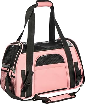 Minifactory Soft-Sided Pet Carrier Bag for Cats & Small Dogs   Foldable Travel Carrier with Breathable Mesh, 4 Storage Pockets, Removable Comfort Pad, Airline Approved Pink, L