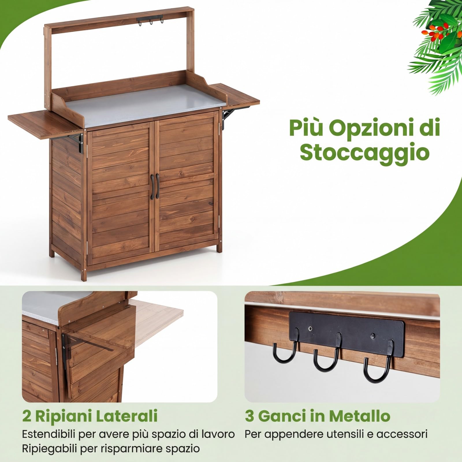 COSTWAY Tavolo da Giardino con Piano Zincato Impermeabile, Mensole Pieghevoli, Ripiano Regolabile, Ganci e Armadietto, Banco per Giardinaggio in Legno da Esterno, 138 x 47 x 128 cm