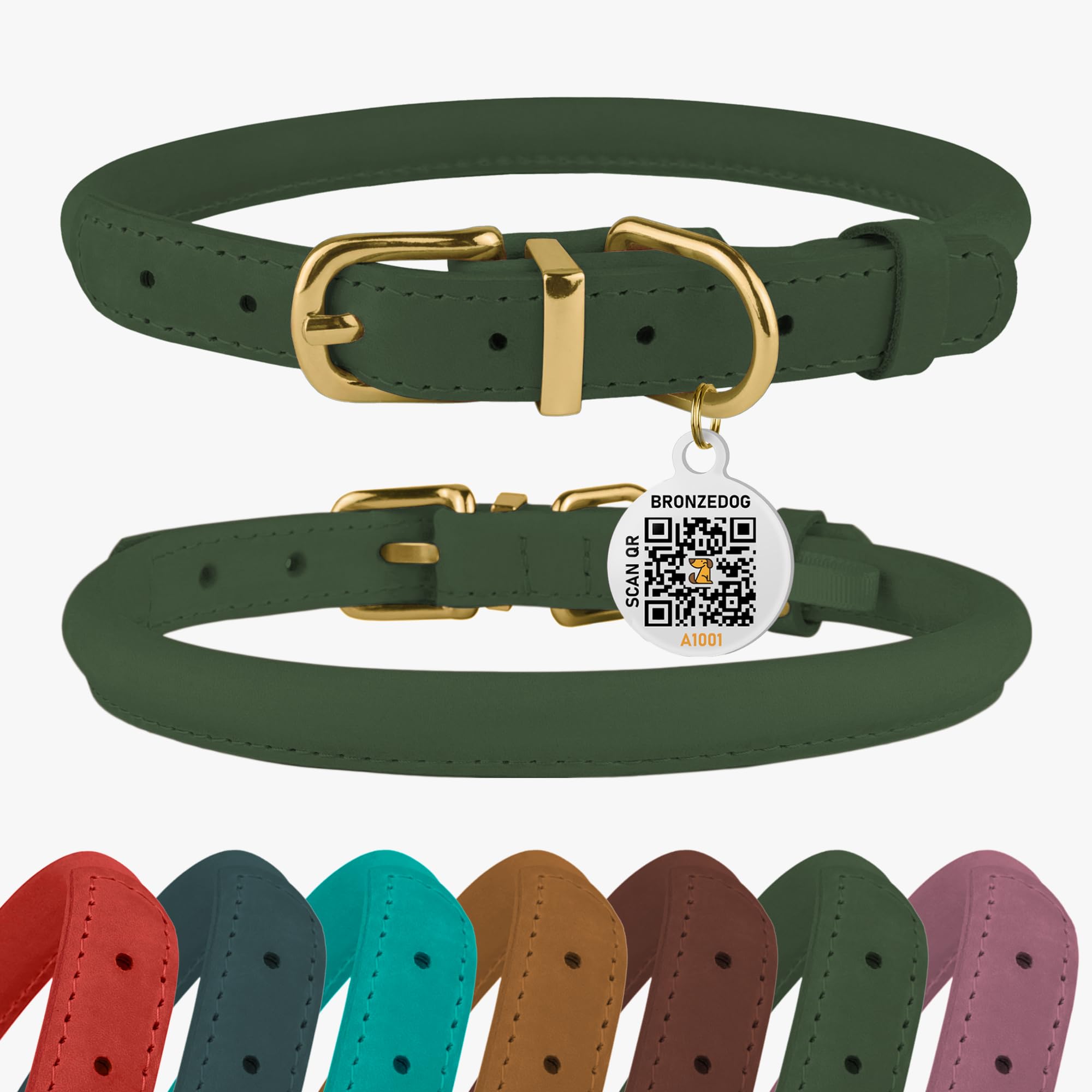 BRONZEDOG Rolled Leather Dog Collar with QR ID Tag Adjustable Soft Round Collars for Small Medium Large Dogs Puppy Cat (Emerald Green