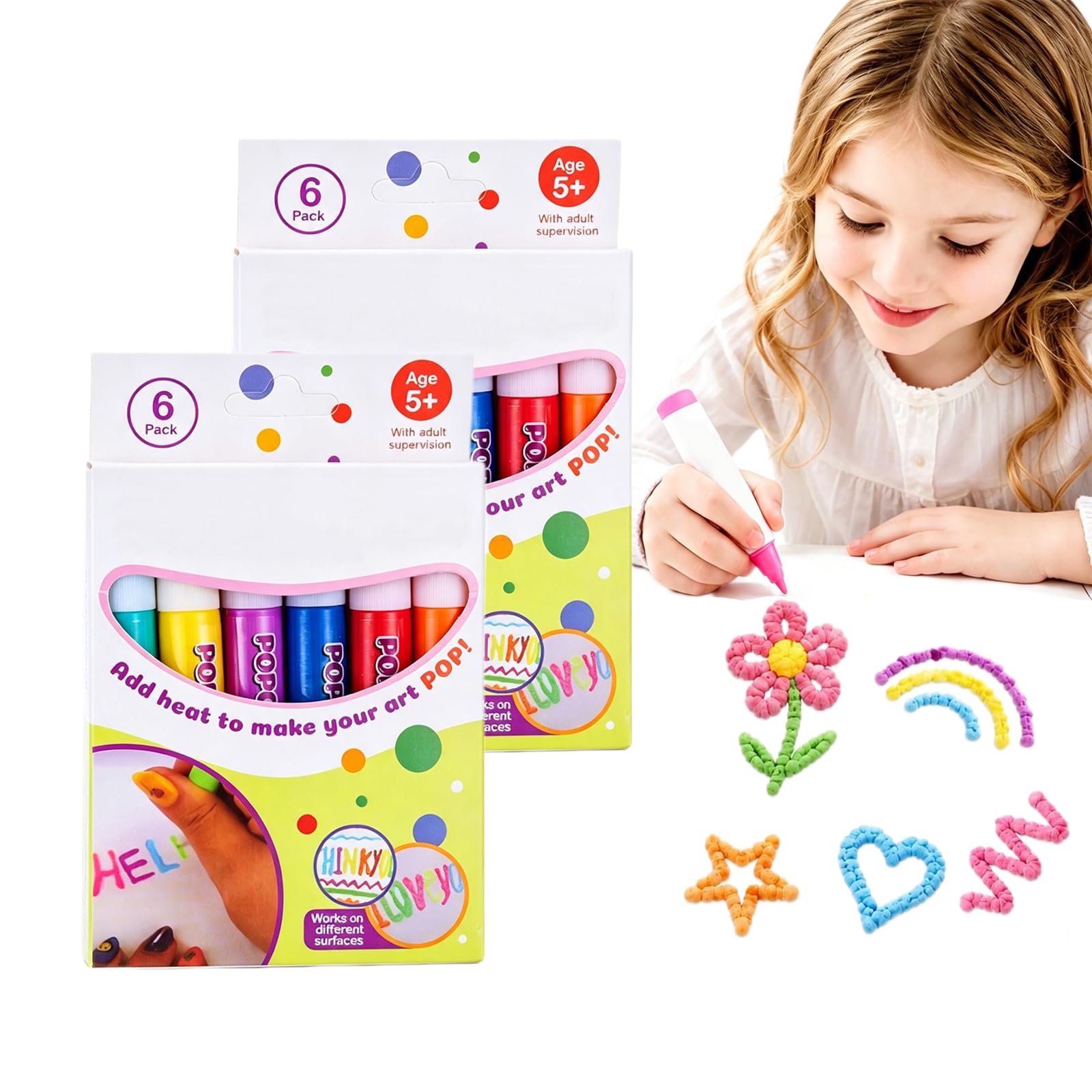 Popcorn Pens for Kids, 3D Puffy Pens Bubble Drawing Markers, DIY Art Craft Paint Pen for Greeting Cards, Scrapbooks and School Projects, Creative Birthday Gifts (2Pcs)