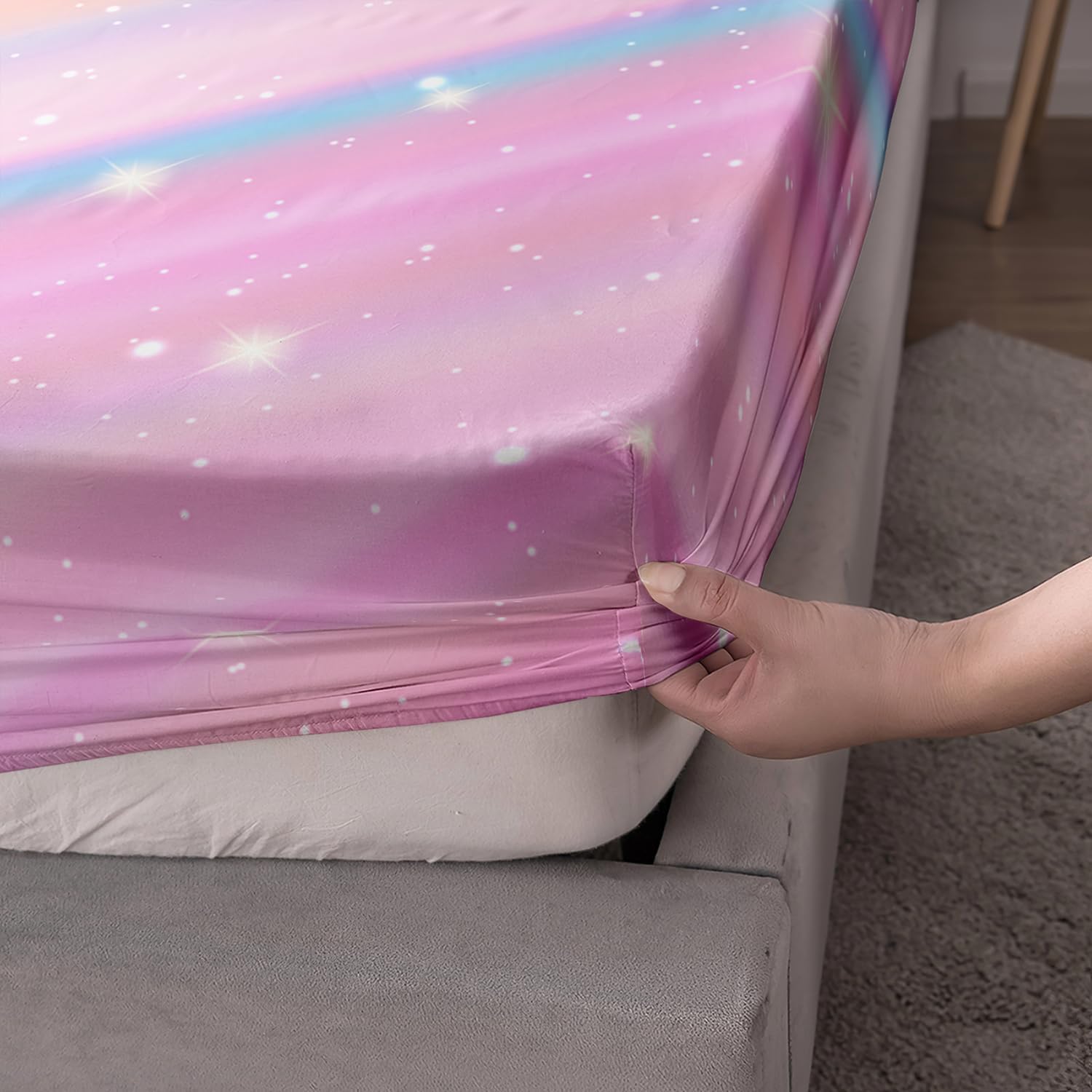 レインボーピンク寝具シーツ&amp;枕カバーソフトマイクロファイバーファンタジーボックスシーツディープポケットフィットシートルームデ