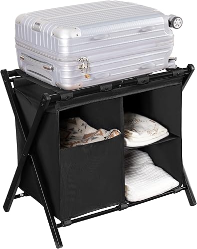 Miniatura 8 de Heybly Portaequipajes con bolsa de lavandería, paquete de 2, soporte plegable de acero para maleta con estante de almacenamiento para dormitorio,