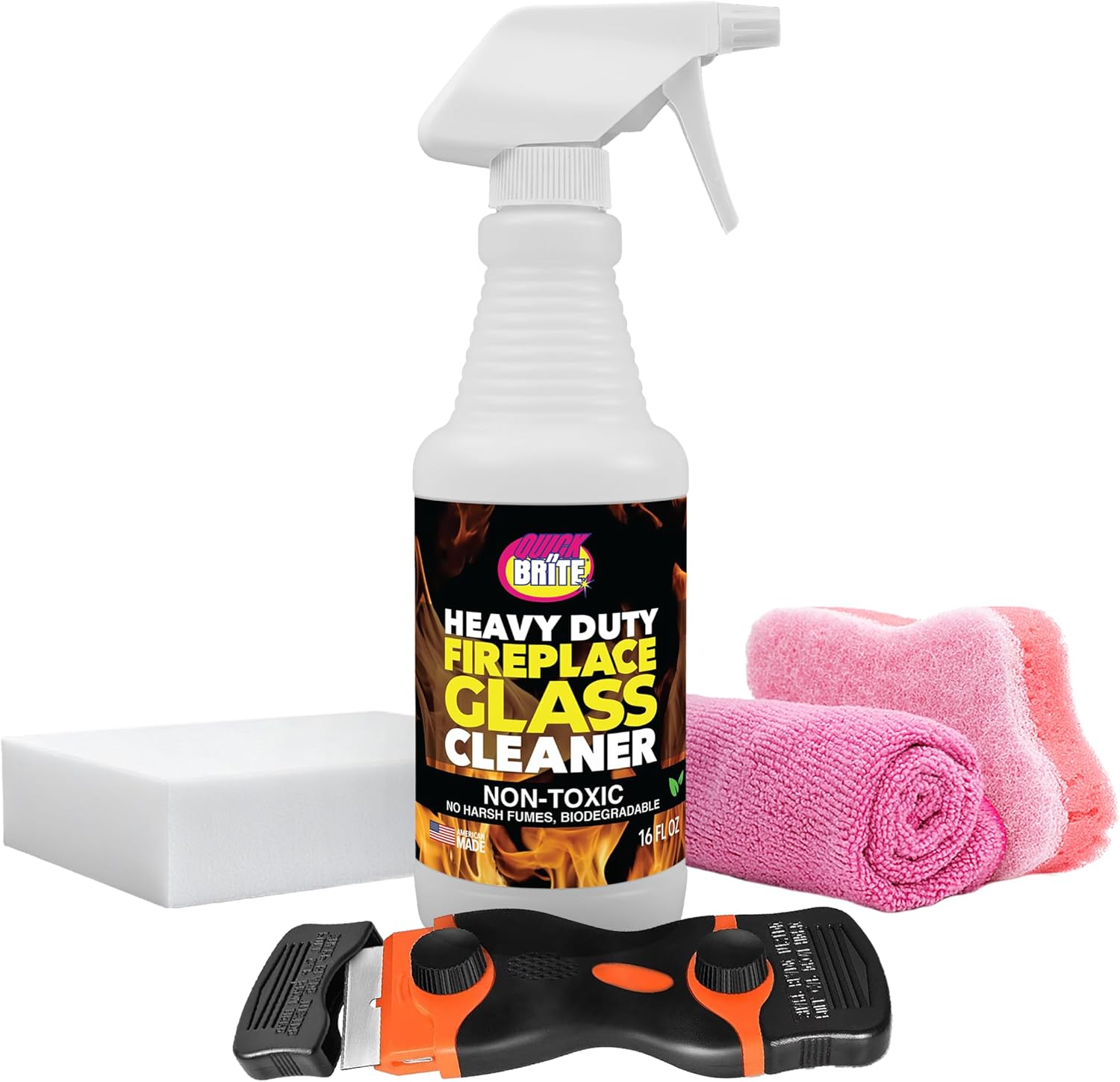 Quick N Brite Fireplace Glass Cleaner Kit with Cloth and Sponge, Removes Soot, Smoke, Creosote, and more, 16 oz, 1-Pack