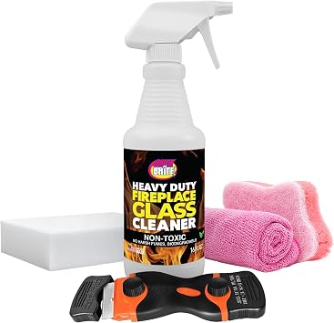 Quick n Brite Fireplace Glass Cleaner Kit Heavy-Duty 16oz Cleaner with Scraper Tool, Melamine & Scrubber Sponges, Microfiber Towel Glass, Wood Stove & Fireplace Door Cleaning - Made in the USA