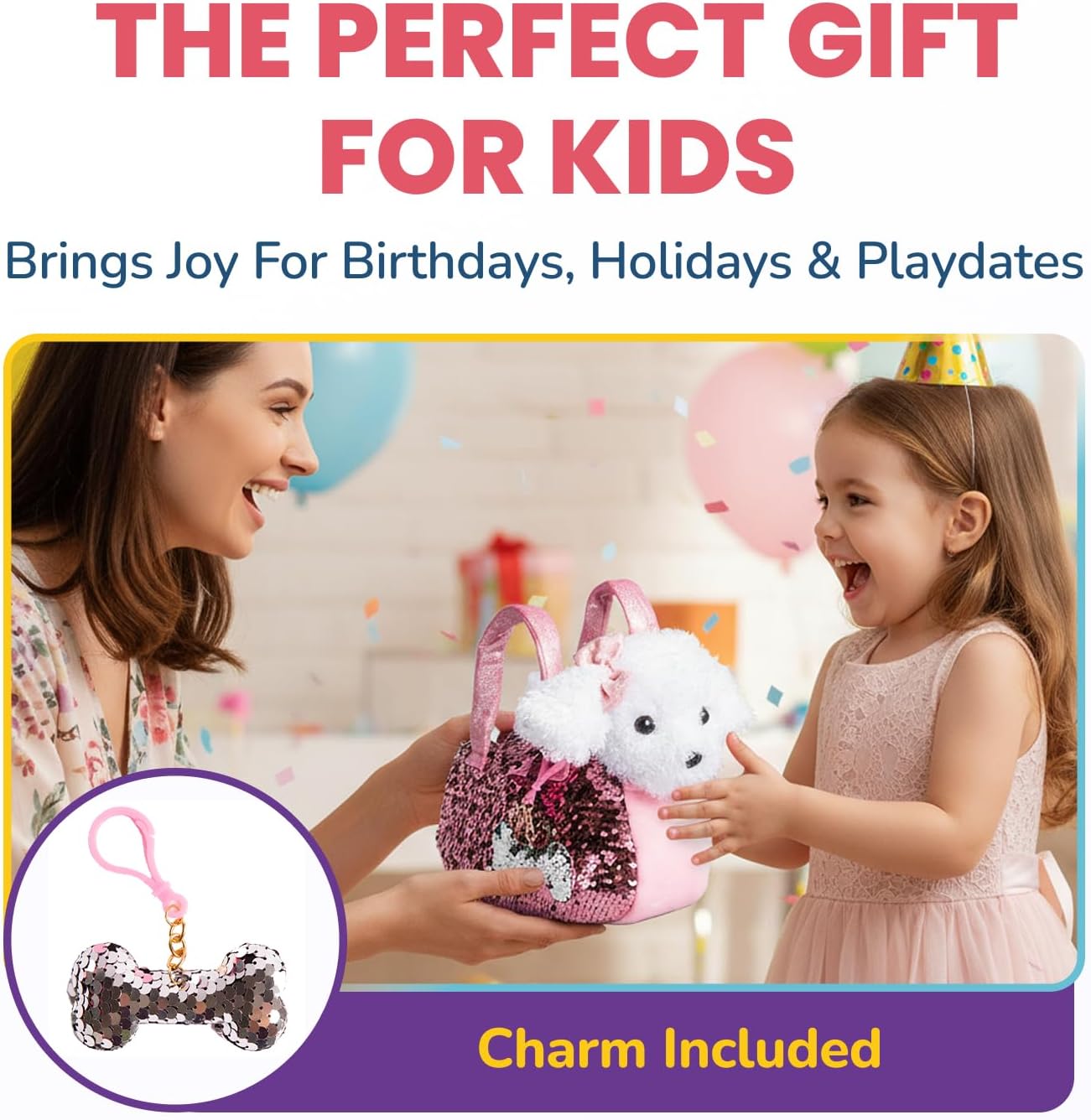 Little Jupiter Pet Plush Set with Purse w/Reversible Sequins & Charm - Stuffed Animal Toy for Kids Ages 4-5 - 6-7 - Stuffed Animal Purse - Stuffed Animals for Girls - (White Labradoodle) - Image 6