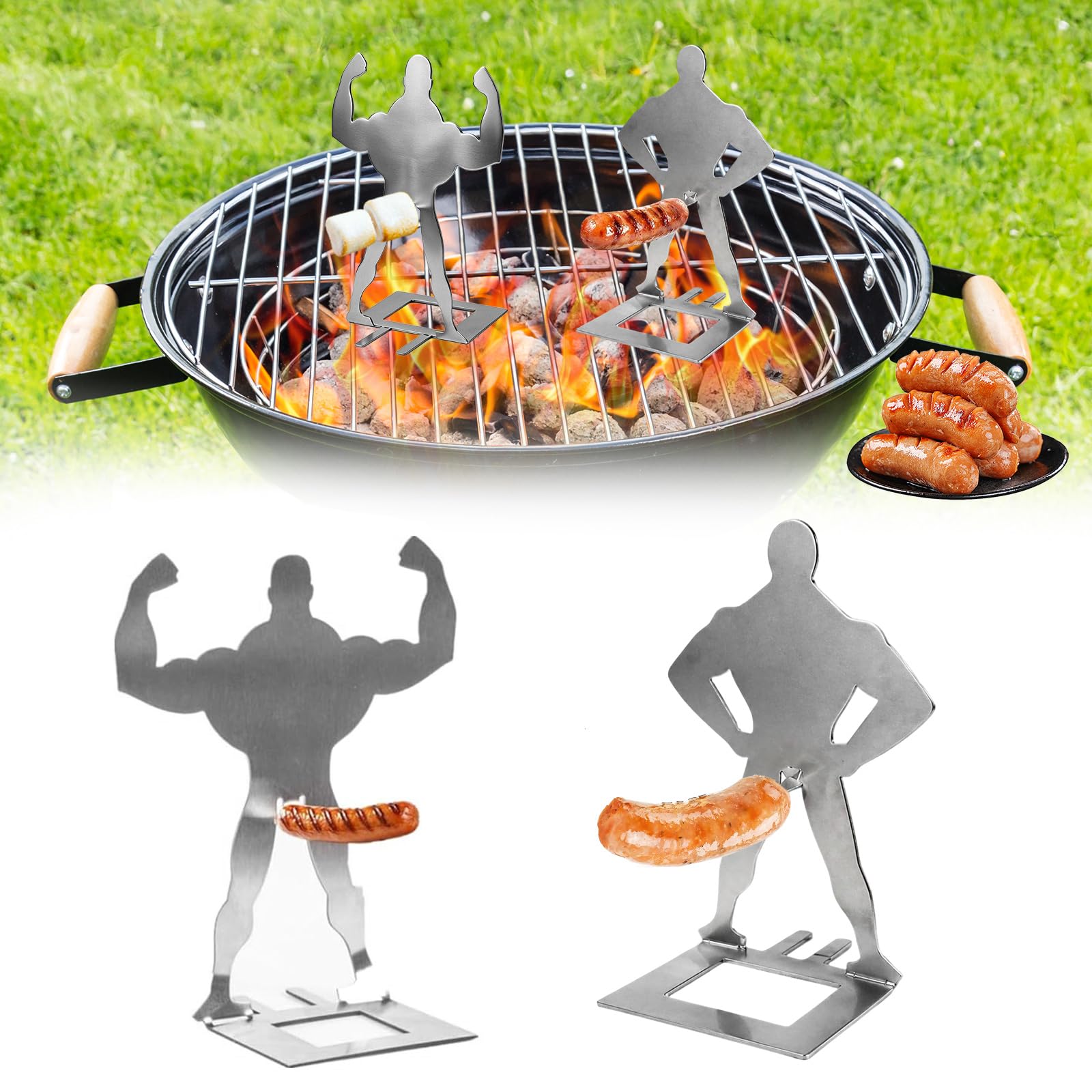 Ruichi 2PCS Funny Hot Dogs BBQ Tools, BBQ Sausage Holder Man, Fun Stainless Steel Barbecue Sausage Rack, BBQ Gifts for Men, Camping Gadgets for Camping Outdoor Picnic Garden Kitchen