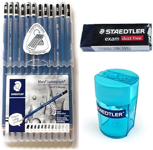 Staedtler Mars Lumograph - Lápiz de plomo de madera Paquete de 12 grados en práctica caja de almacenamiento de plástico con sacapuntas de bañera Staedtler Mars Lumograph - Lápiz de plomo de madera Paquete de 12 grados en práctica caja de almacenamiento de plástico con sacapuntas de bañera