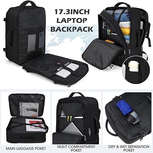 Miniatura 2 de NEWHEY Mochila de viaje para hombres y mujeres, 40L, mochila impermeable para laptop de 17 pulgadas, Negro (solo mochila), Viajes
