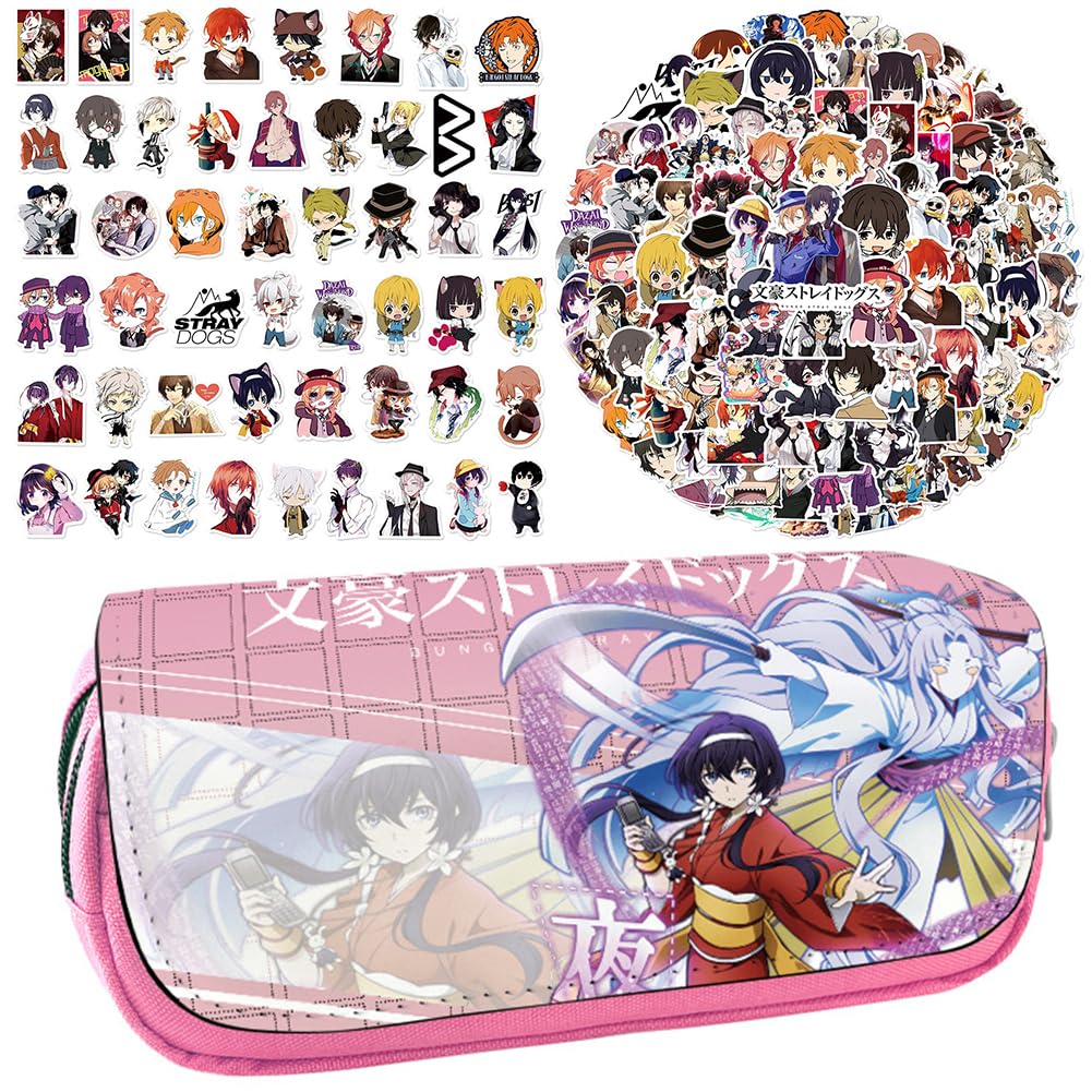 Bungo Stray Dogs Anime Printed Pencil Case Student Stationery Bag Large Capacity Double Layer Pencil Bag Free 100 pcs Anime Stickers Cartoon Graffiti Waterproof Stickers