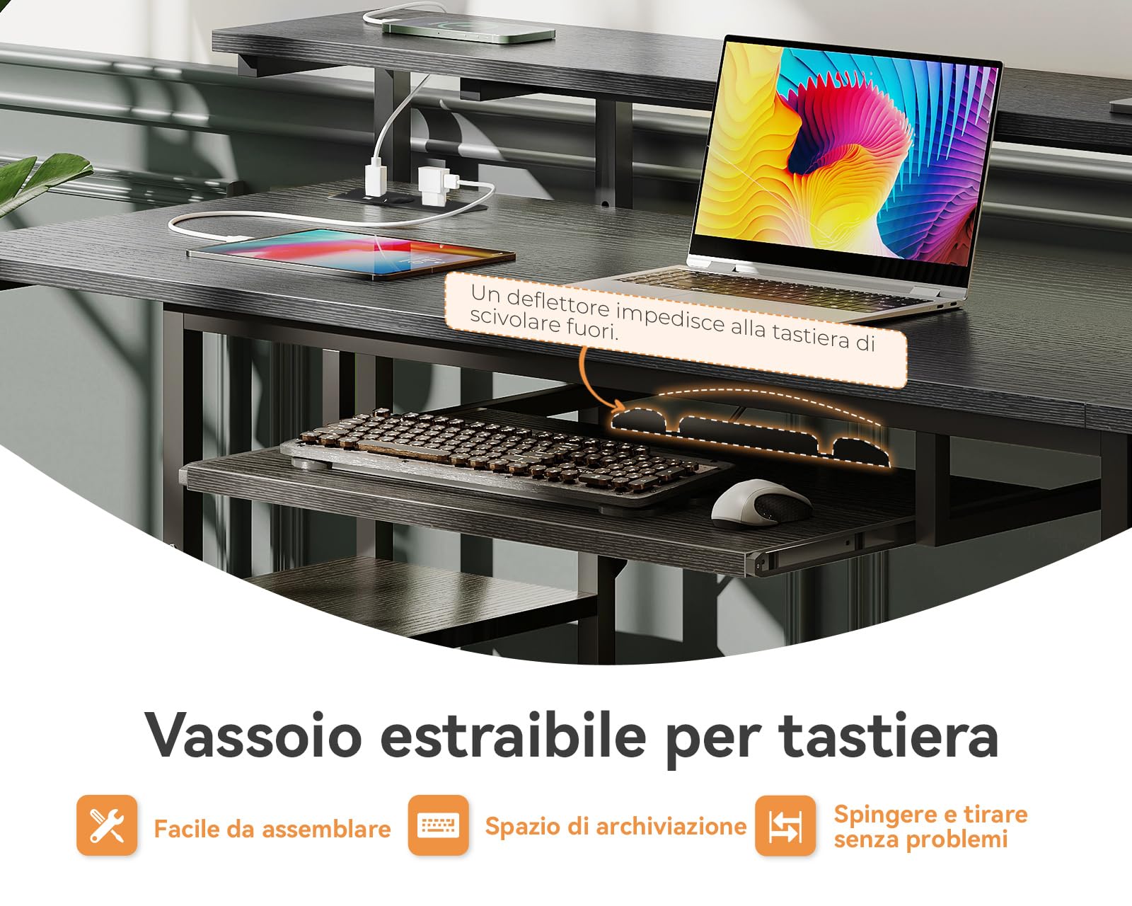 ODK Scrivania con 4 Cassetti, 140x52x92cm Scrivania per Computer con Presa di Corrente e Ricarica USB, Scrivanie Gaming Tavolo Scrivanie con Ripiani Regolabili per la Casa, Nero