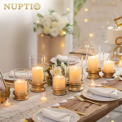 Miniatura 3 de NUPTIO Portavelas Hurricane Gold juego de 2 portavelas con funda de vidrio transparente, soportes decorativos de latón para Navidad, Año Nuevo, Día