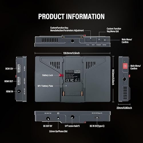 Miniatura 8 de FEELWORLD P6X Monitor de pantalla táctil de campo de cámara 5.5 pulgadas 1000 Nit con carcasa de aluminio 1920x1080 IPS 9:16 Maker HDMI2.0 3D LUT