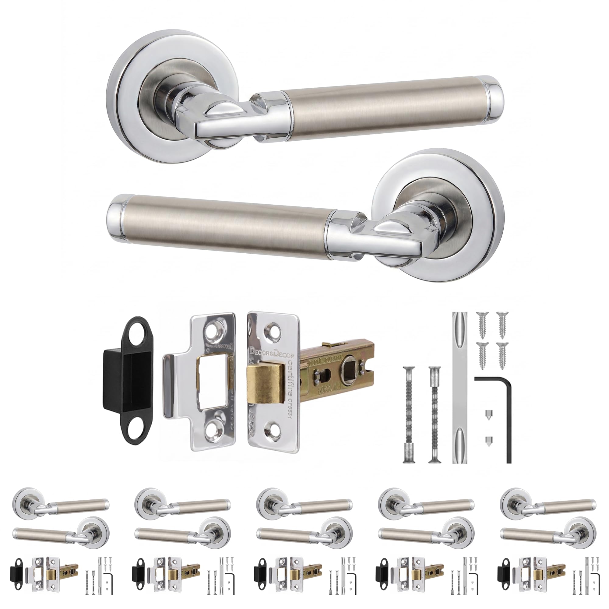 Decoranddecor Enigma Duo Finish Door Handles, Latch Kit 76mm 6 Pack