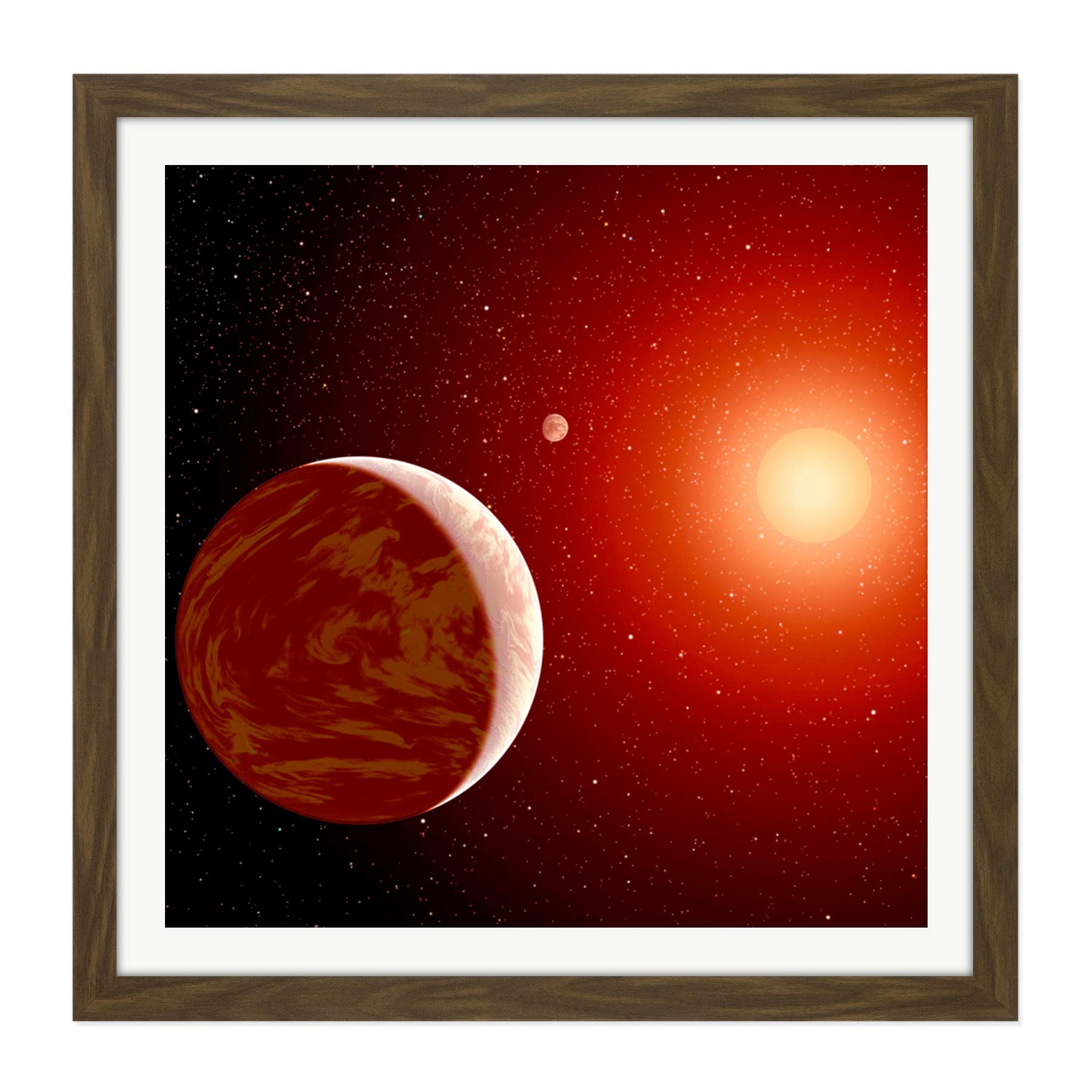 Space NASA Planets Around Red Star Concept Illustration Square Wooden Framed Wall Art Print Picture 16X16 Inch