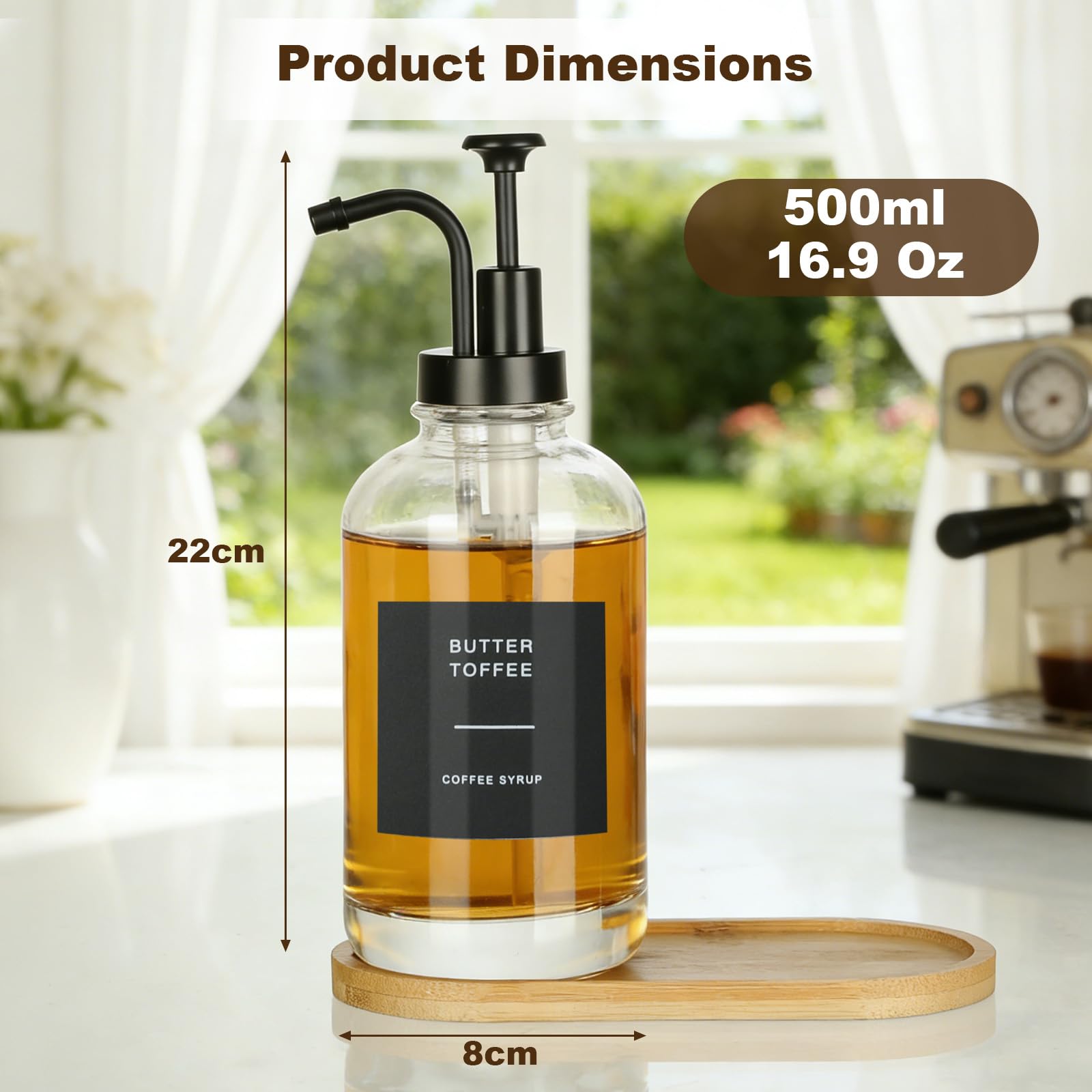 VINATO Set di 2 Dispensatore Olio e Aceto con Vassoio in Bambù,500 ml Dispenser per Sciroppi,Bottiglia di Sciroppo in Vetro con 36 Etichette con Pompa per Cucina,Caffè Bar