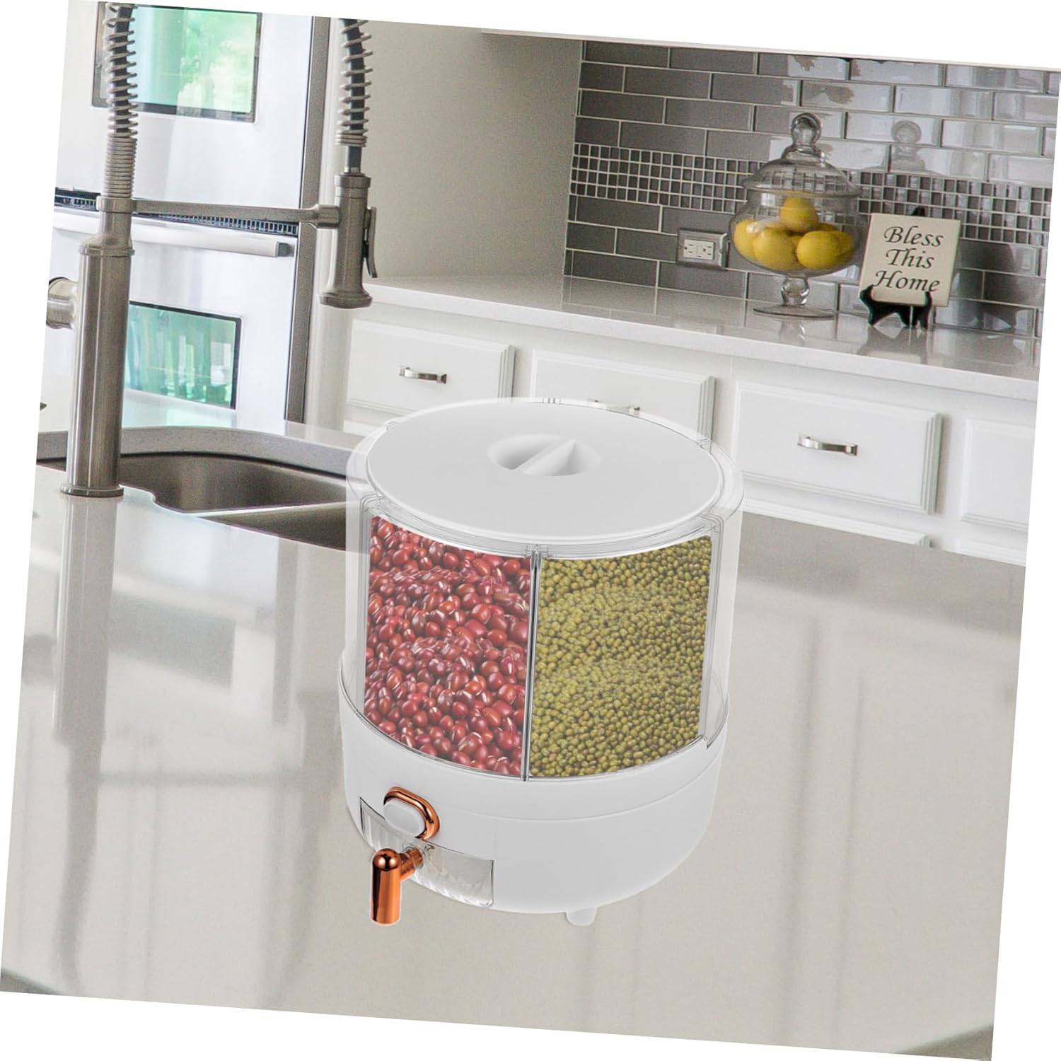 ABOOFAN Rotatable Grain Dispenser Rice Container with Measuring Cup Capacity Easy Clean Shaped Funnel for Convenient Grain Storage for Home Kitchen