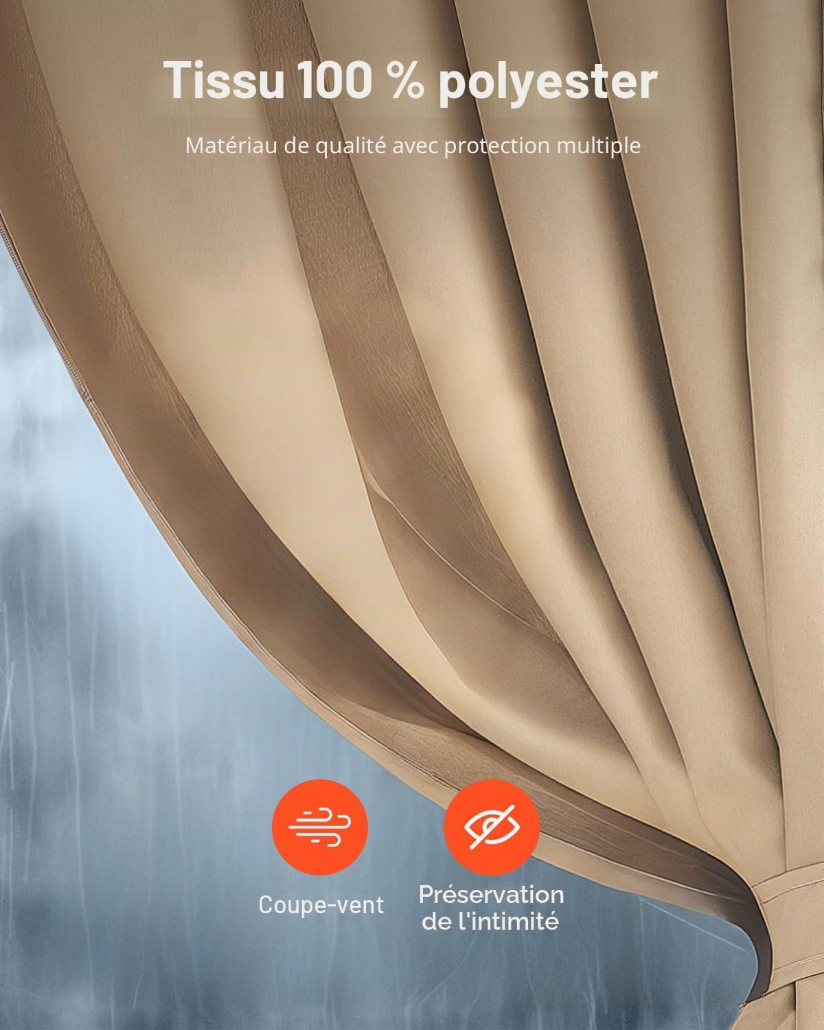 VEVOR Rideau d'Intimité pour Tonnelle Extérieur, 281x373x213 cm, Rideaux Pare-Soleil Universel Polyester Imperméable de Remplacement, avec Fermeture Éclair, pour Auvent Patio, Rideau Uniquement, Kaki
