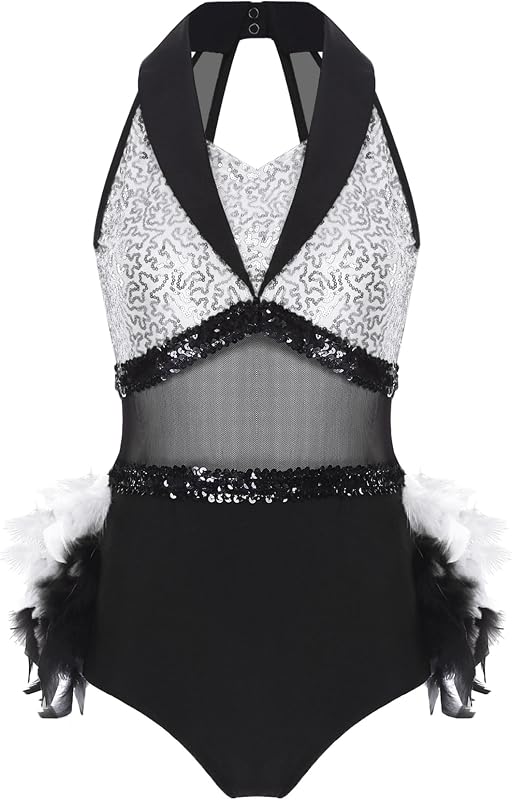 Leotardo de plumas y lentejuelas para mujer, vestido de baile de rumba, Tops