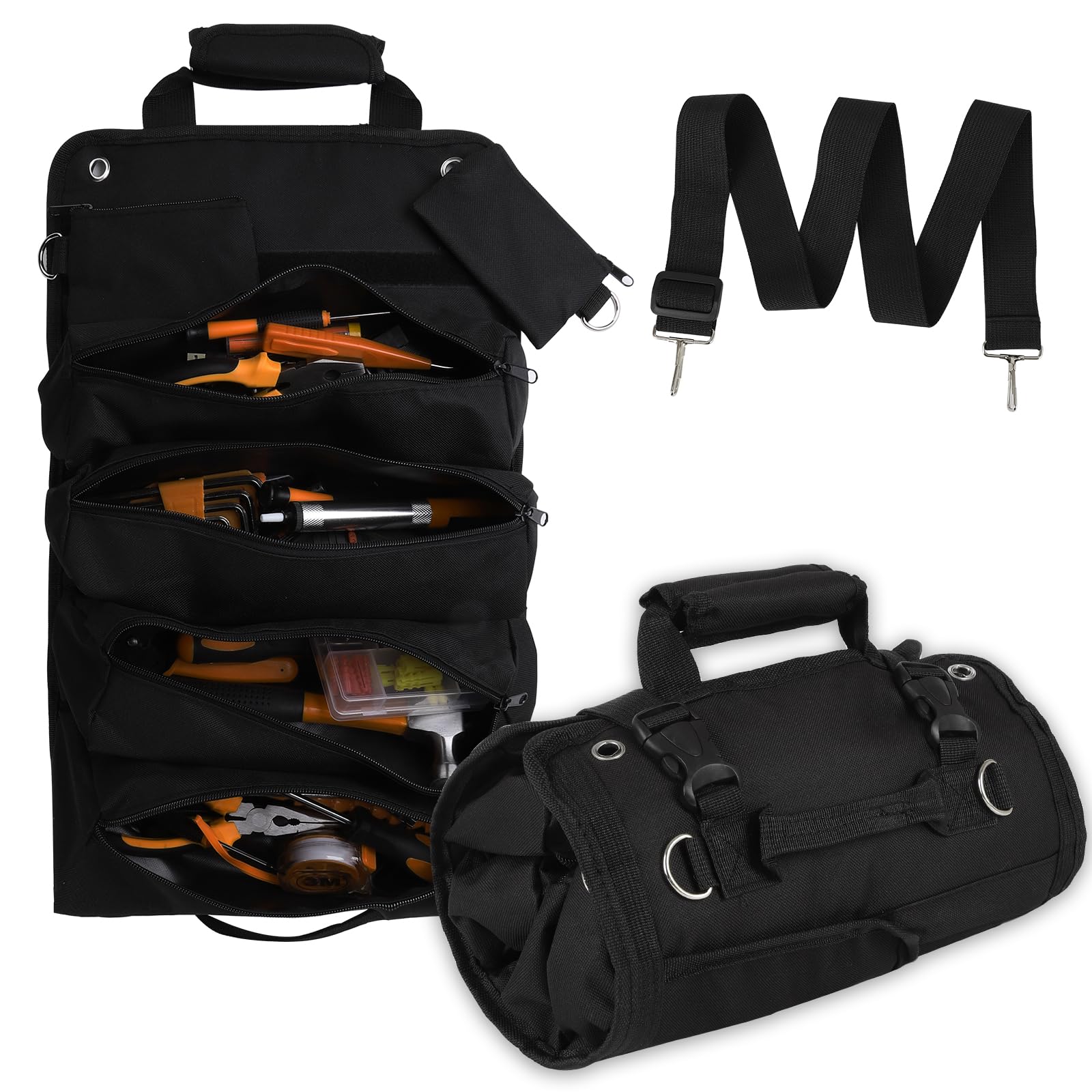Tool Organizer Bag, Foldable Roll Up Heavy Duty Bag Organizer, with 2 Detachable Pouches, Mechanic Carrying Toolbag, Gifts for Dad Men Birthday Father Day