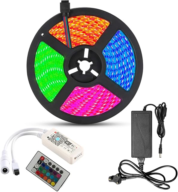RGB Led Strip Light Kit, Led Strip WiFi Waterproof 5M 5050 SMD 300 LEDs with Remote Controller Infrared 24 Buttons, 60W Power Supply 5A 12V, Compatible with Amazon Alexa/Google Home