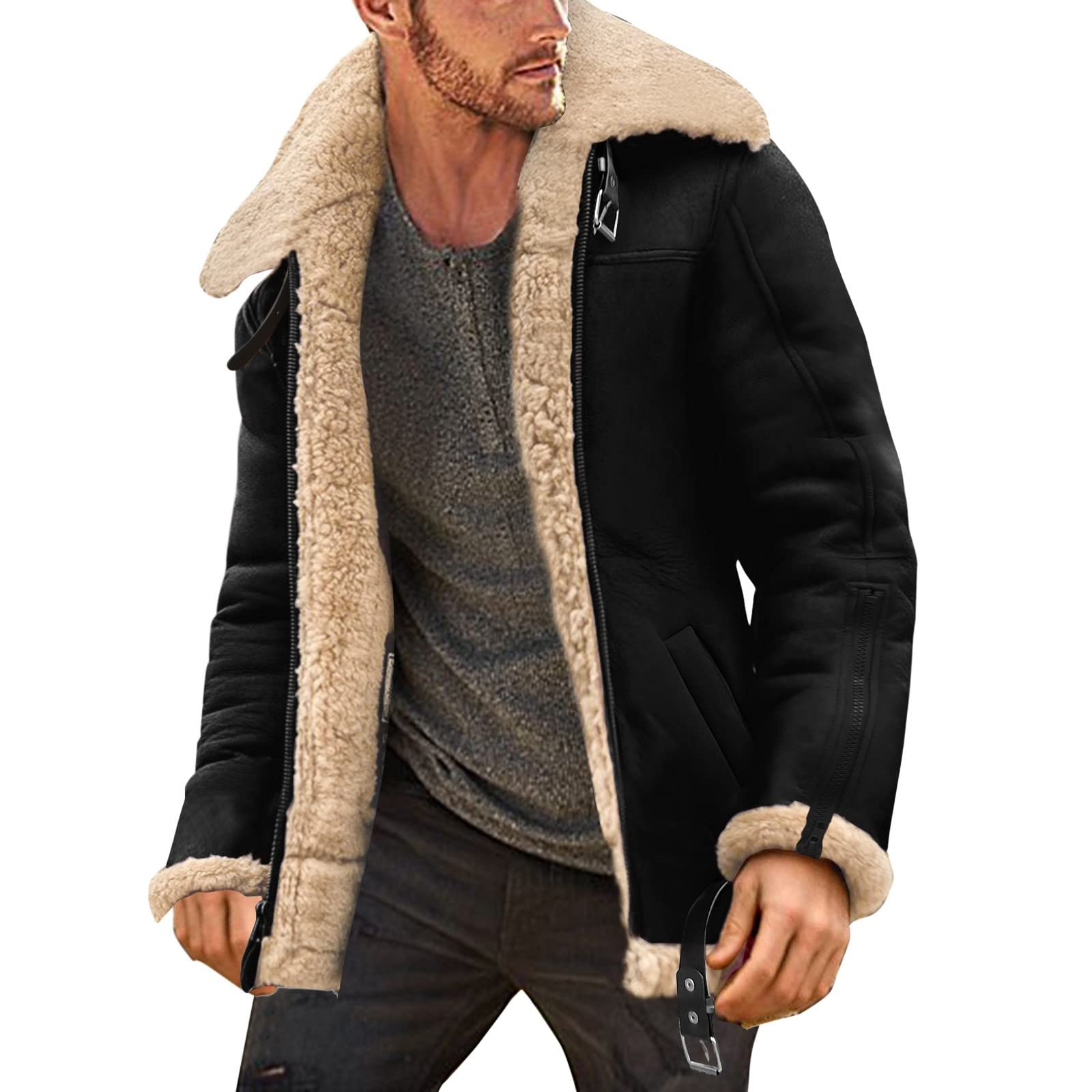 GenericMens Faux Fur Motorcycle Jacket Sherpa Lined Fleece Winter Warm Long Sleeve Outerwear Zip Up Thermal Coat with Pockets