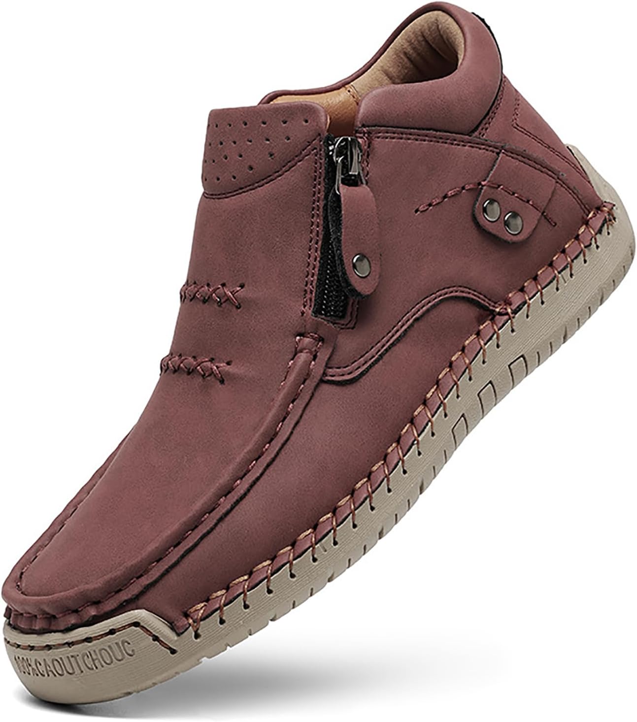 Women Leather Handmade Ankle Boots With Side Zippe Casual Lightweight Mid Top Hiking Loafers Comfortable Non-Slip Driving Walking Shoes