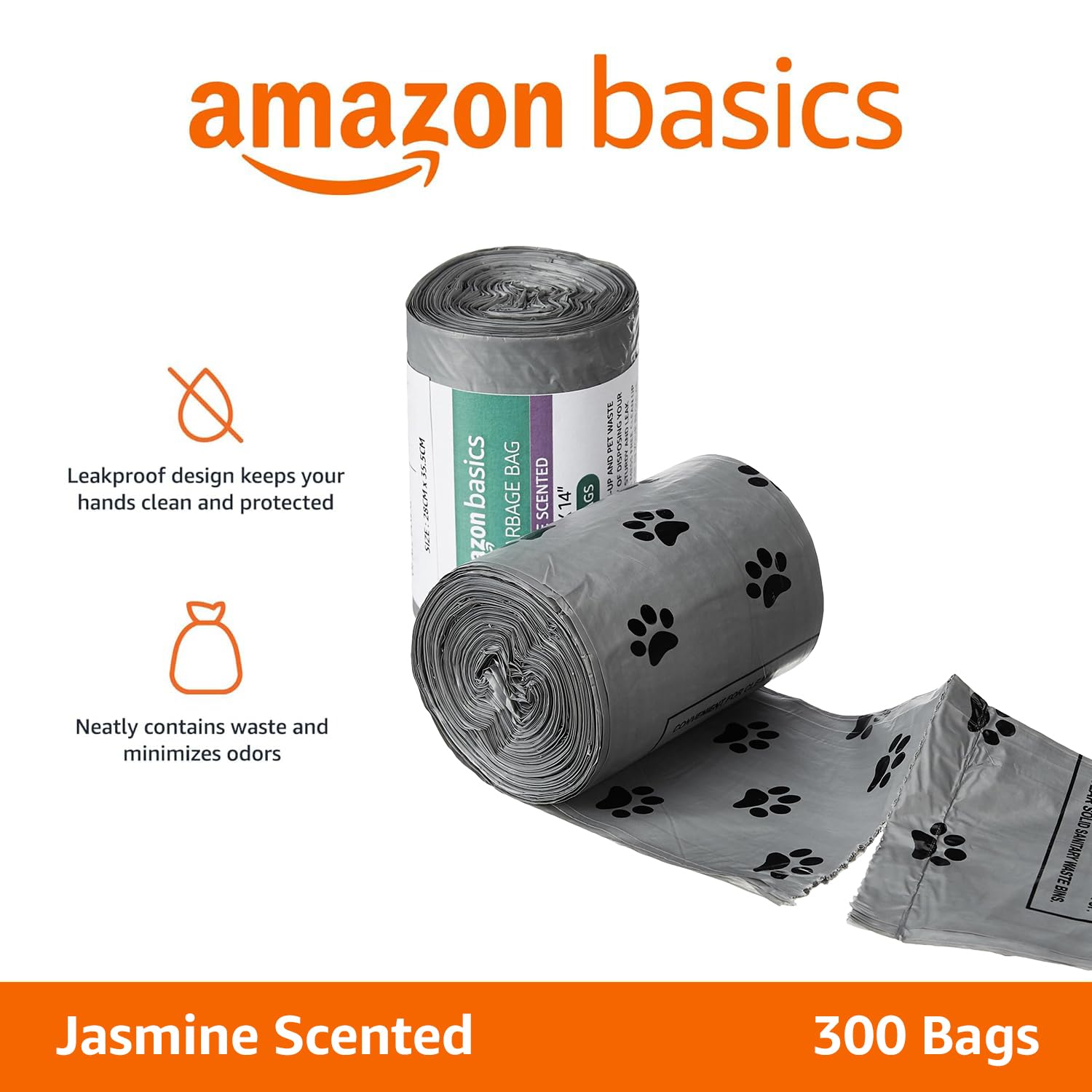 Amazon Basics Pet Poop Bags with Fun Paw Print Design | Grey | 300 Count | 30 Bags x 10 Rolls | Strong and Leak-Proof | Easy to Use | Mild Jasmine Scent