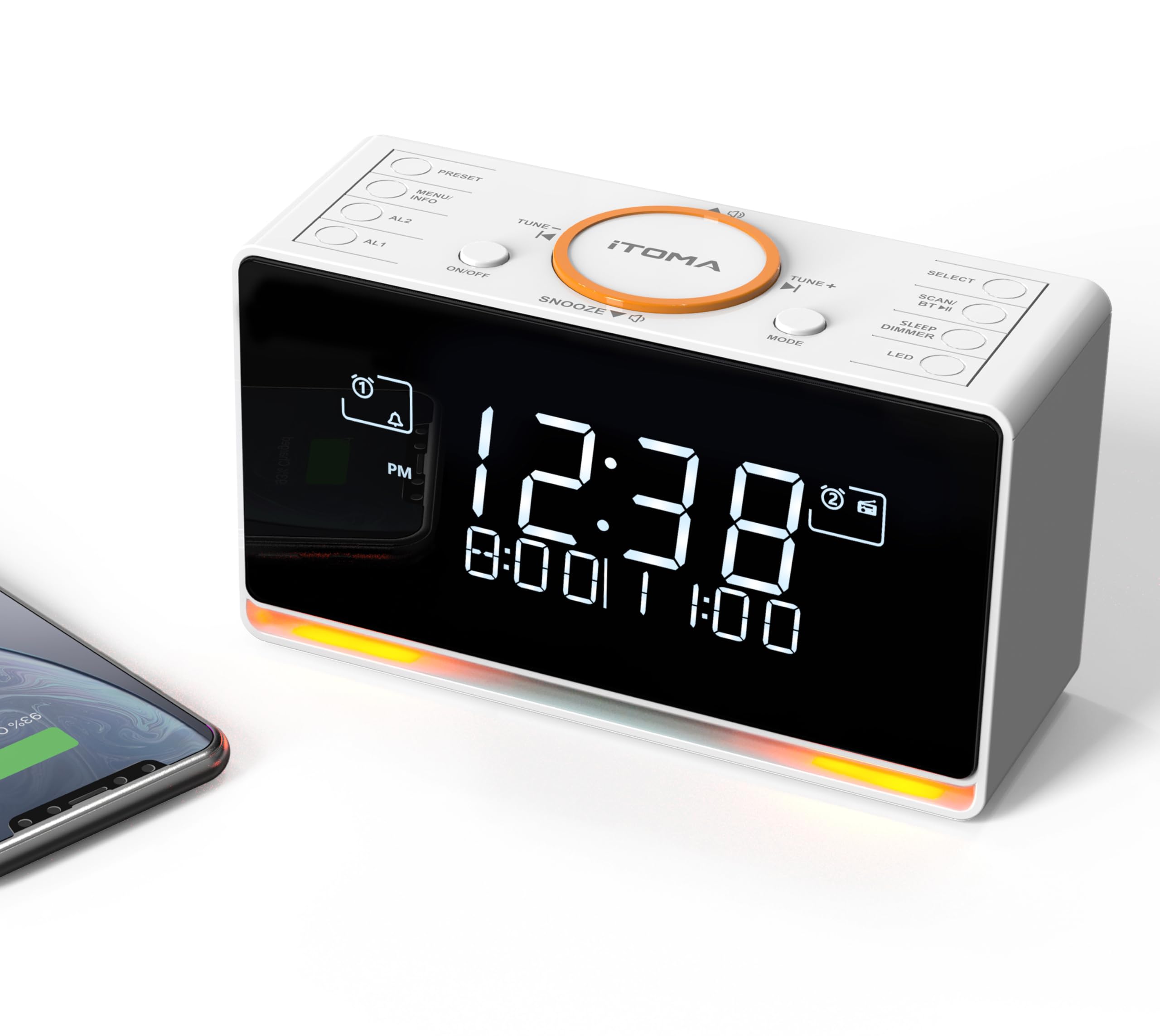Itoma White Dab+ & Fm Radio Alarm Clock With 40 Presets, Bluetooth,Dual Alarm With Snooze,Sleep Timer, Adjustable Volume, Dimmer Control, Usb Port And Earphone Jack, Alarm Clock For Bedroom 728